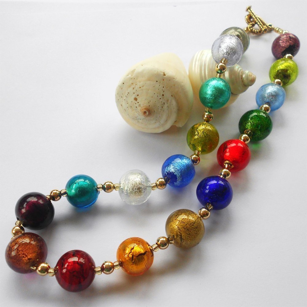 Diana Ingram Multicolor Murano Glass Beaded Necklace - 22K Gold Vermeil Beads & Clasp - Elegant Jewelry for Women, Perfect for Parties, Weddings & Special Occasions