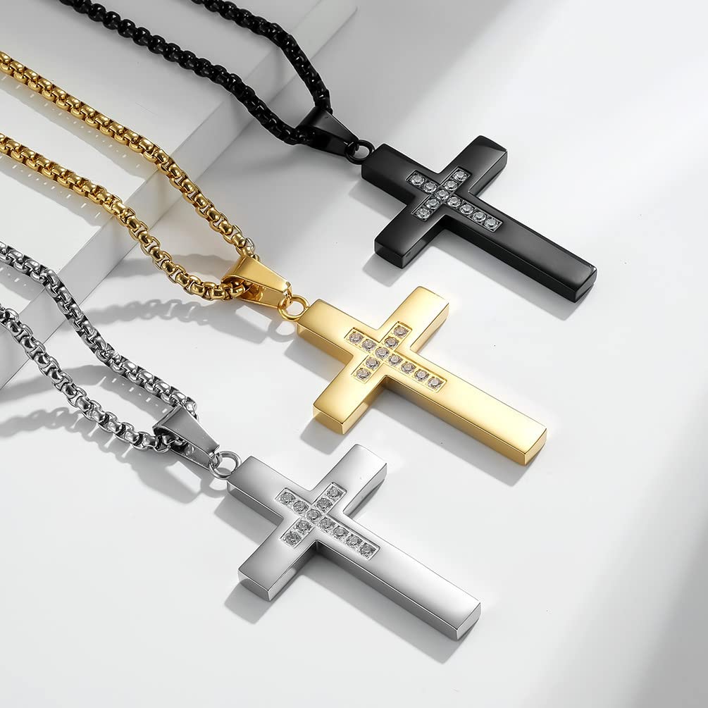 SHNIAN Black Cubic Zircon Cross Pendant Necklace for Men & Women - Religious Jewelry Gift