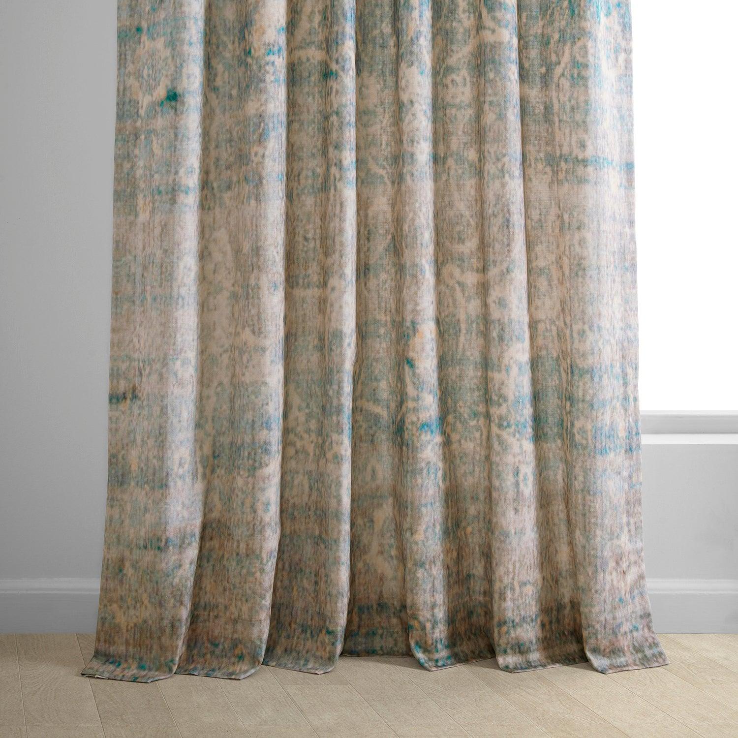 River Teal Blue Abstract Textured Printed Cotton Curtains for Living Room & Bedroom - Modern Window Drapes for Home Decor