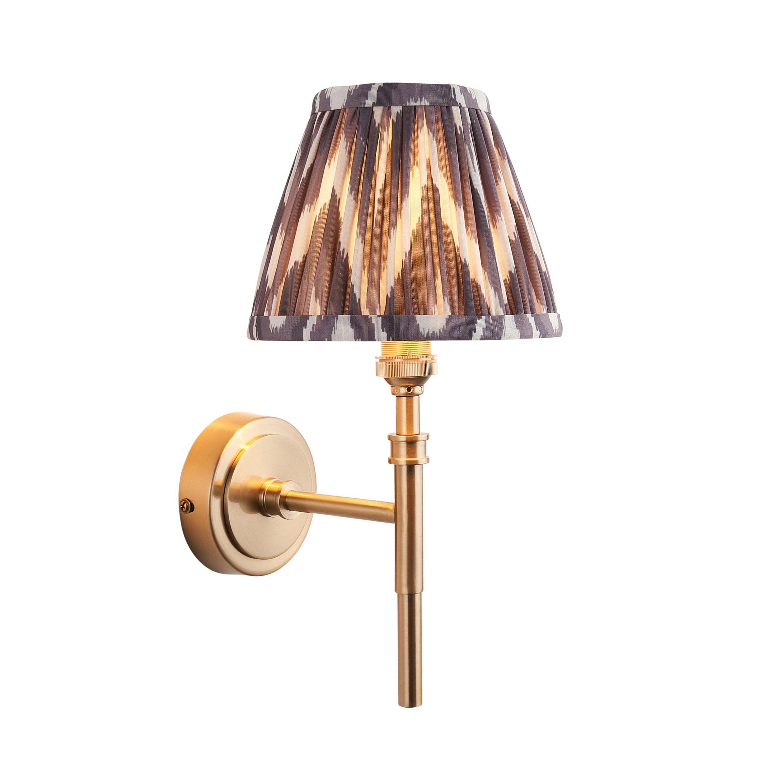 Chester Brass Wall Light with Grey Zigzag 16cm Shade - Vintage Industrial Sconce for Bedroom, Hallway & Living Room Lighting