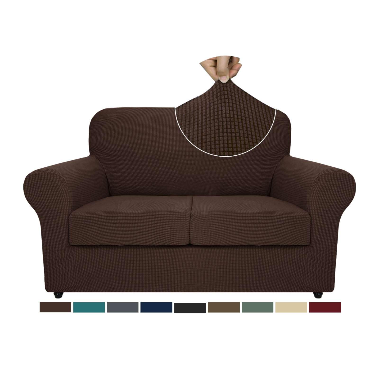 ZNSAYOTX 3-Piece Stretch Jacquard Loveseat Slipcovers - Spandex Sofa Cover for 2-Cushion Couches, Coffee Checkered Furniture Protector - Perfect for Living Room, Apartment & Small Space Decor
