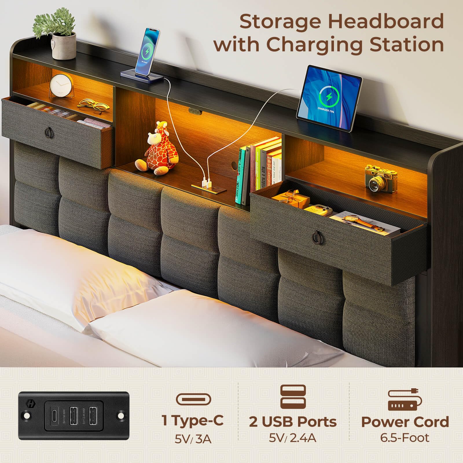 Rolanstar King Size Upholstered Platform Bed Frame with Storage Drawers, USB Charging Station & LED Headboard - Heavy Duty Metal Frame, No Box Spring Needed, Noise Free (Grey) - Perfect for Modern Bedrooms, Guest Rooms & Small Spaces