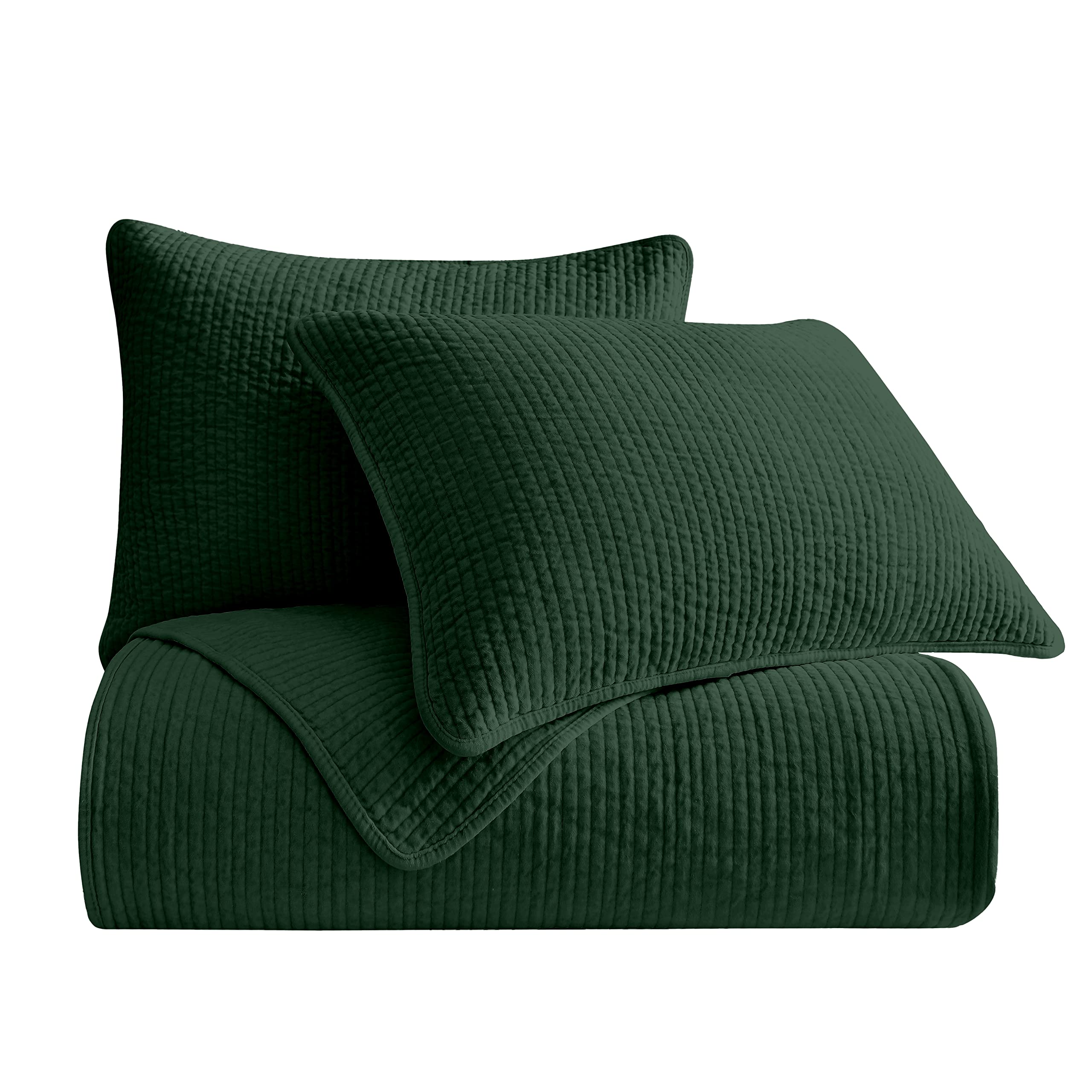 Premium Stonewashed Cotton Velvet 3-Piece Queen Bedding Set - Soft Lightweight Quilt with 2 Pillow Shams, Solid Green, Classic Traditional Design for Cozy Bedroom Decor | Perfect for Master Bedroom, Guest Room & Luxury Hotel Style