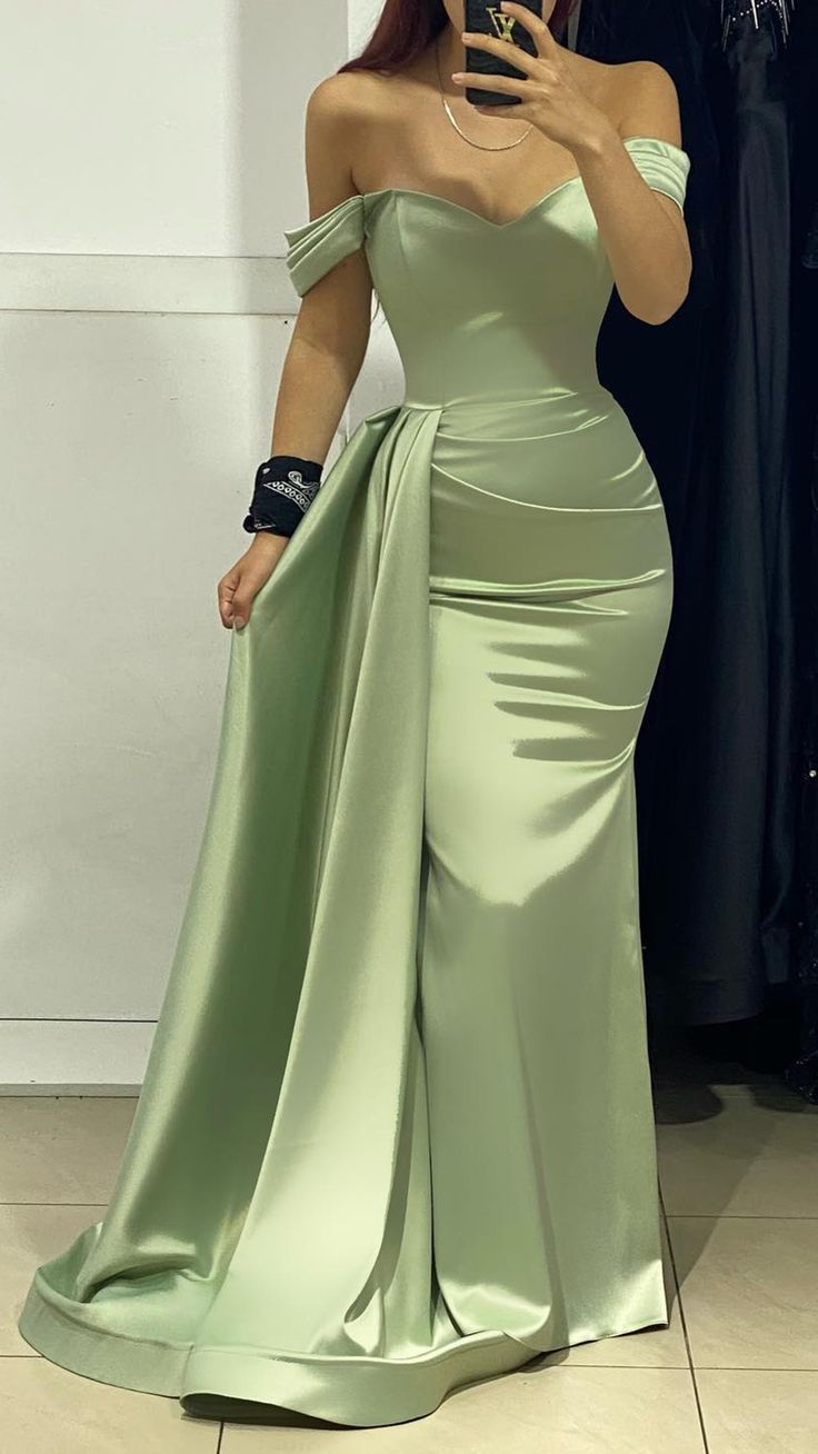 Elegant Off Shoulder Green Satin Ruched Long Prom Evening Dress J5625 - Perfect for Formal Dances, Weddings & Special Occasions