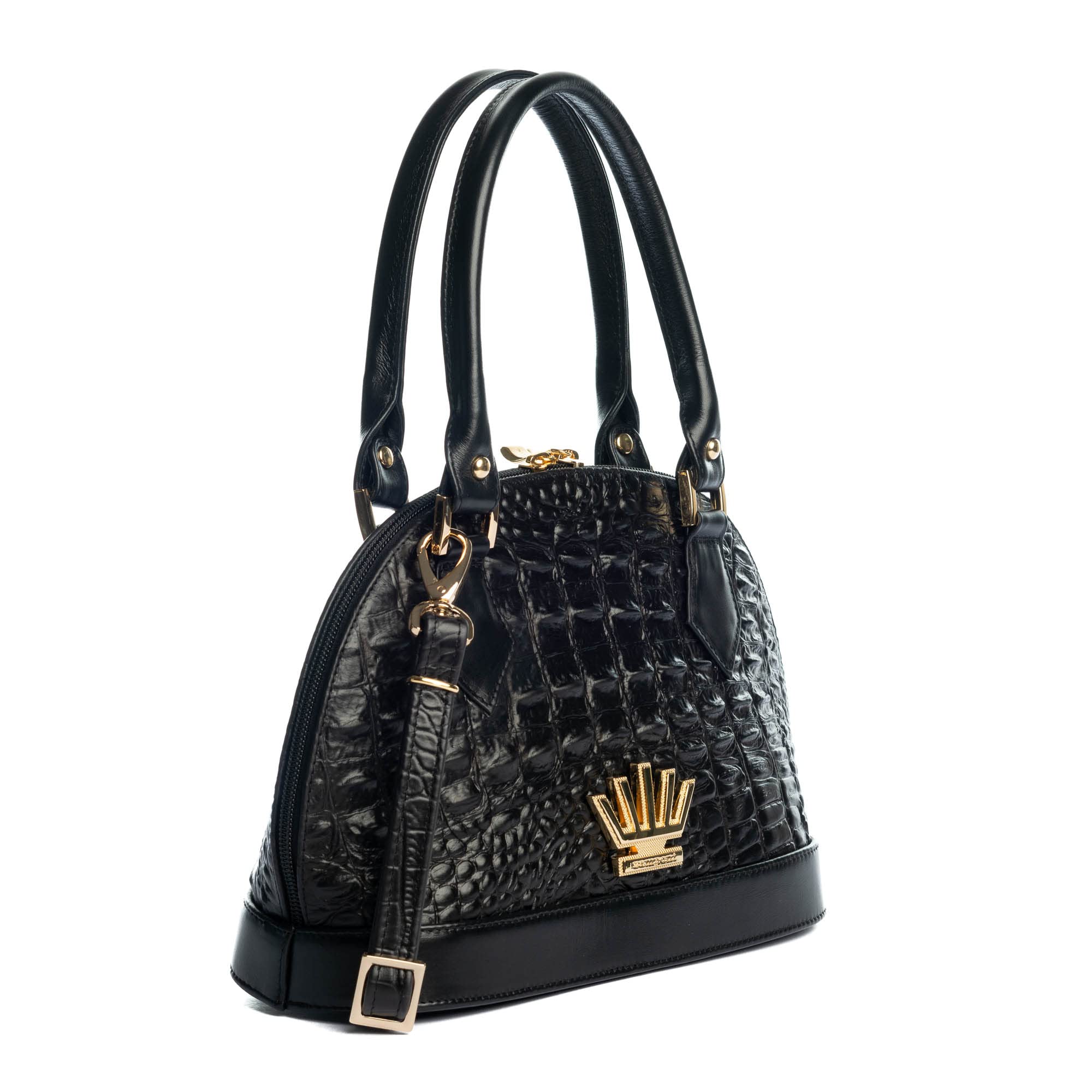 Zamponi Women's Genuine Leather Shoulder Bag - Italian Made Small Crocodile Embossed Handbag for Women - Perfect for Work, Travel & Evening Events - Black