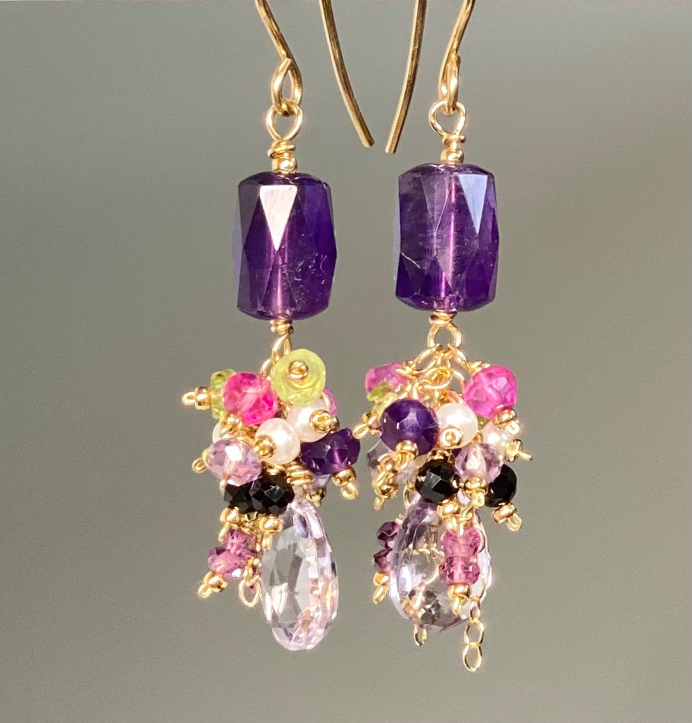 Amethyst Dangle Earrings | Multi Gemstone Cluster Drop Earrings for Women | Perfect for Weddings, Parties & Special Occasions