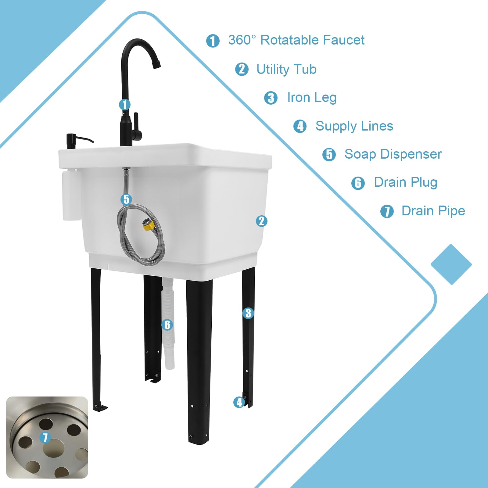 Space Saving Utility Sink with Rotatable Faucet & Soap Dispenser - Freestanding Laundry Tub for Washing Room, Basement, Garage or Workshop (White) - Perfect for Small Spaces, Hand Washing Clothes, and Cleaning Tools