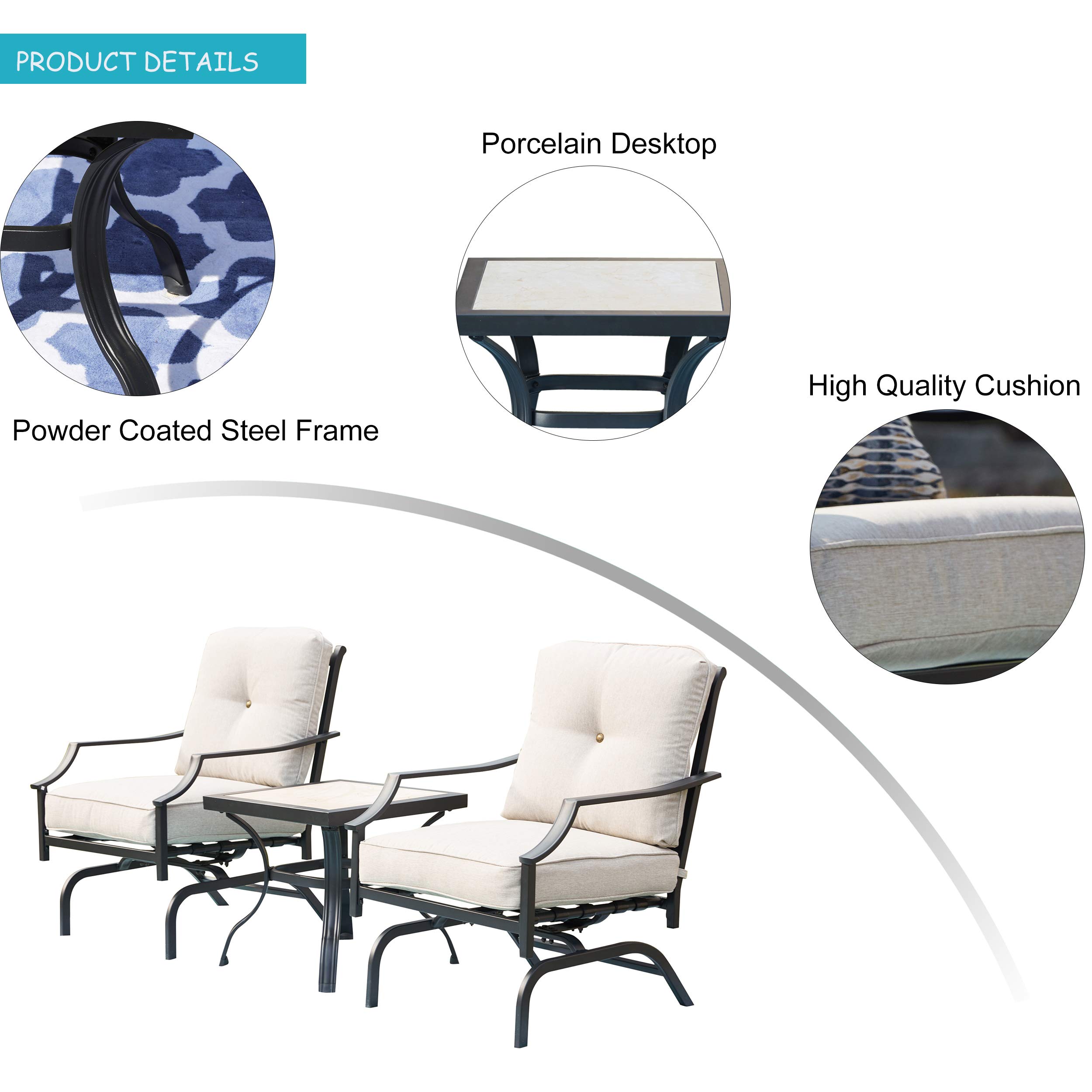 LOKATSE HOME 3-Piece Outdoor Patio Bistro Set - Metal Frame Armchair with Cushion & Square Coffee Table, Beige - Perfect for Garden, Balcony, and Backyard Relaxation