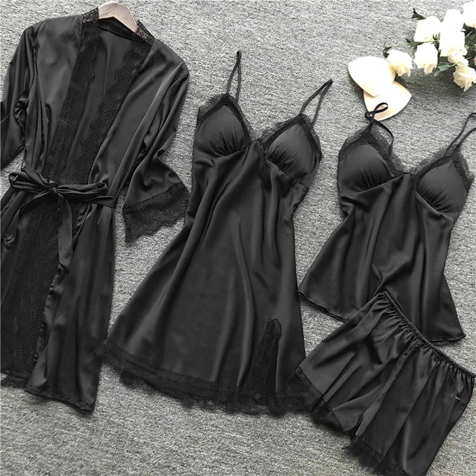 Silk Pajama Set for Women - 4pcs Satin Sleepwear for Night & Lounge