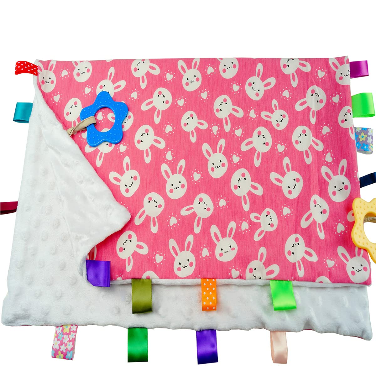 1 PC White Rabbit Large Baby Tag Blanket - Ultra Soft Security Blanket for Toddlers, Sensory Taggy Blanket for Boys & Girls (21.7x17.7 inches) - Perfect Baby Shower Gift & Comfort Blanket for Travel, Daycare & Sleep