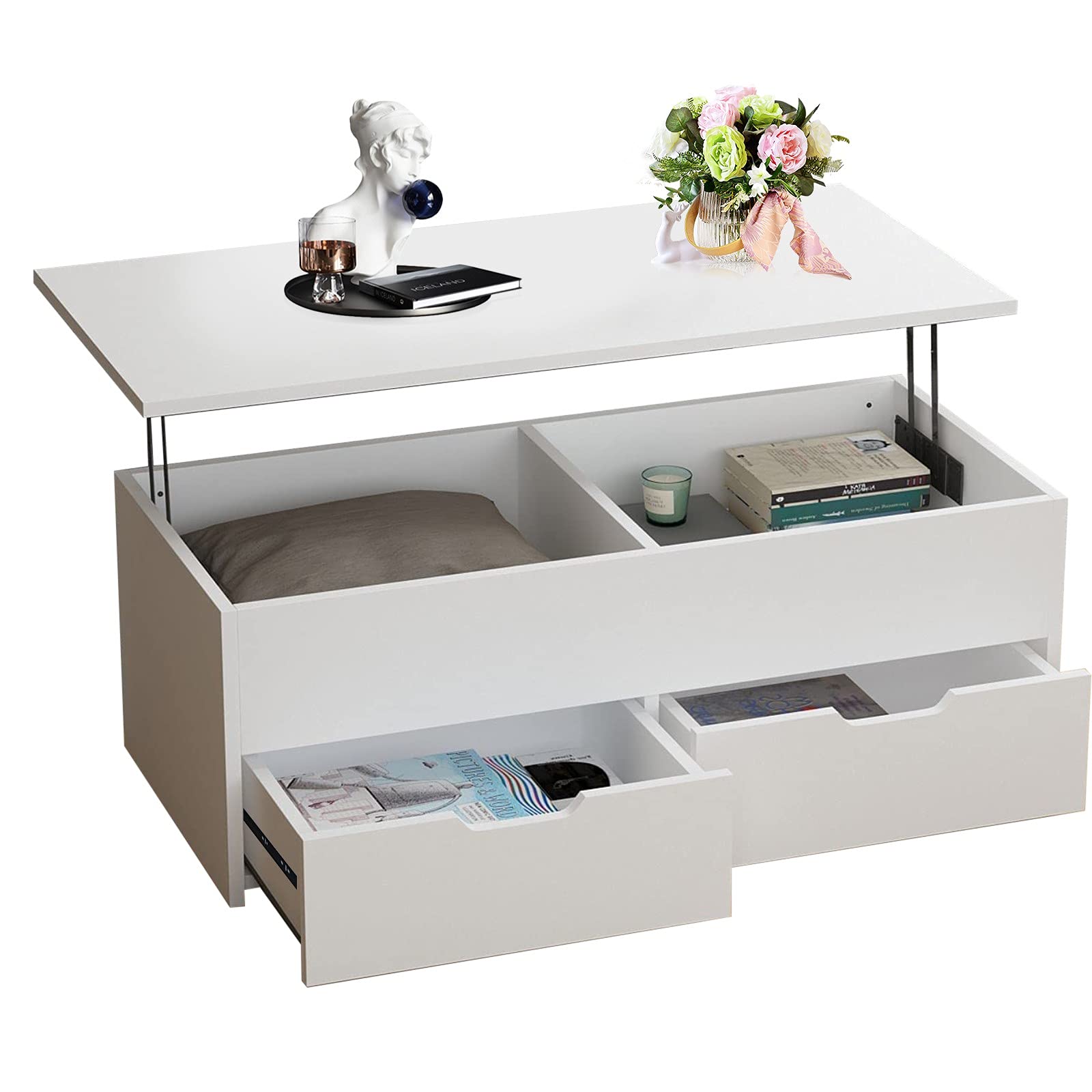 Lift Top Coffee Table with Drawers & Hidden Storage - Solid Wood Lift-Top Coffee Table for Living Room - White Modern End Table with Multi-Functional Compartment - Perfect for Small Spaces, Home Decor & Entertaining Guests