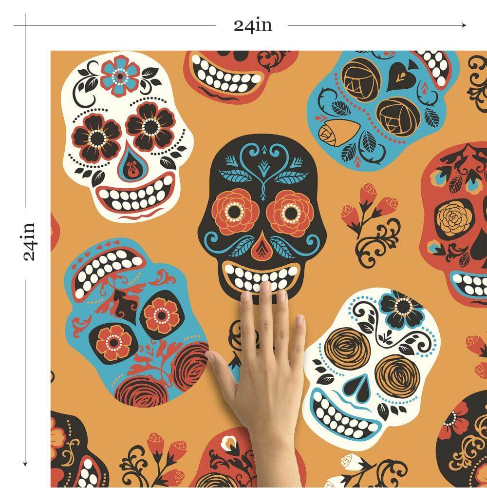 Orange and White Skulls Themed Peel and Stick Removable Wallpaper - Self-Adhesive Decorative Wall Covering for Bedroom, Living Room, or Office Decor