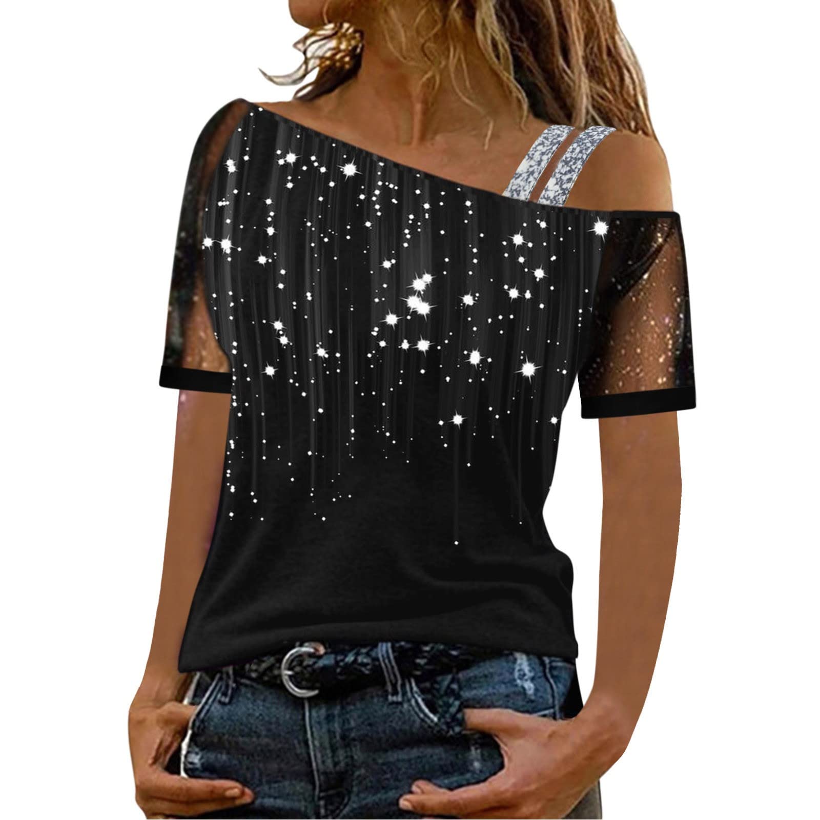 Women's Work Tops - Autumn Short Sleeve Blouse with Lace Stitching, Loose Fit O-Neck Tunic Top | Office Wear & Casual Outfits