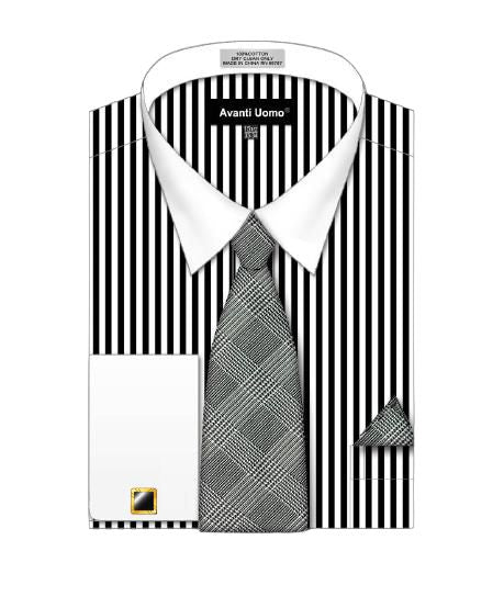 AVANTI UOMO Men's Striped Pattern White Collar Cuff Dress Shirt DN126M Black - Formal Office Wear & Business Attire