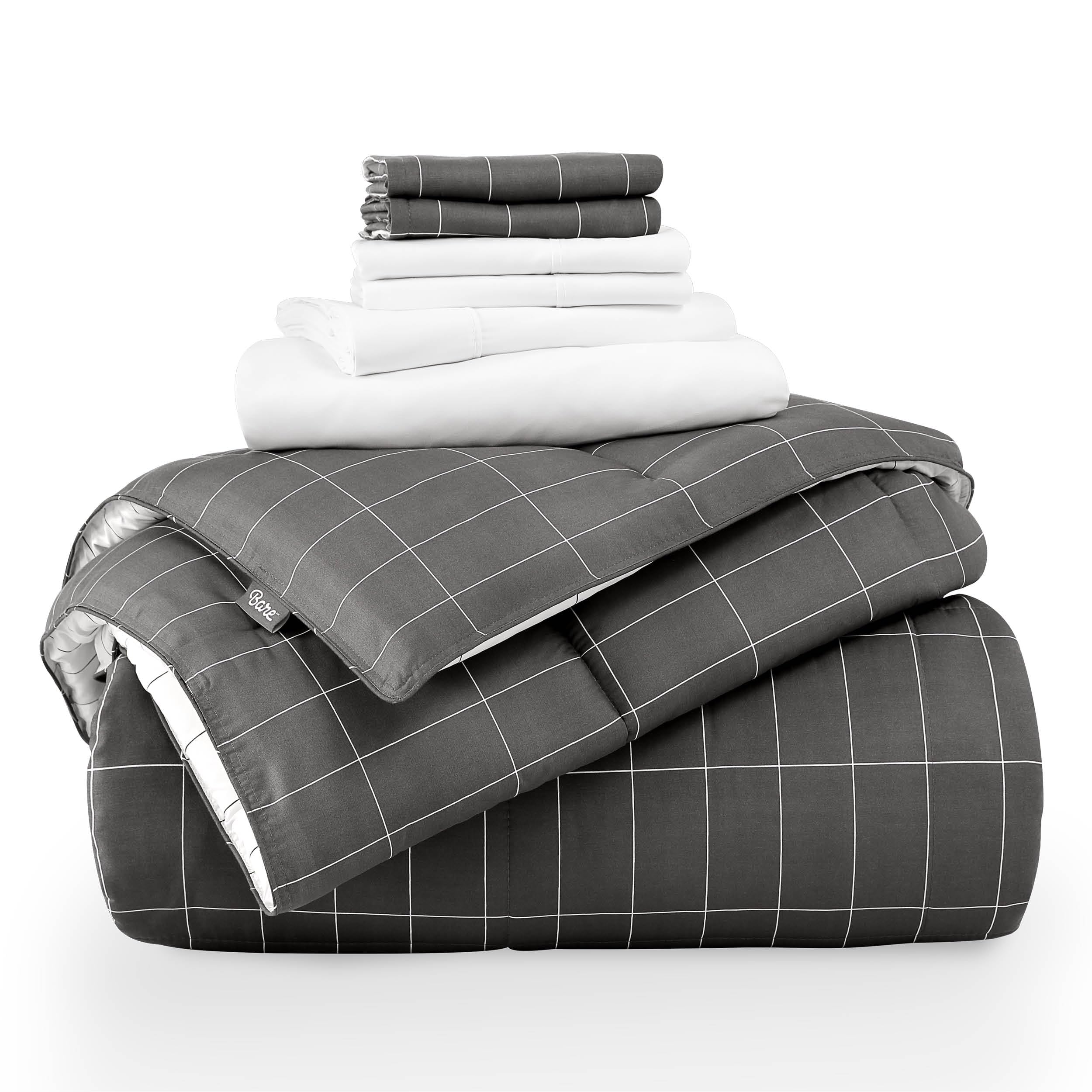 Bare Home 7-Piece Queen Bed-in-a-Bag Comforter Set with Sheets - Ultra Soft 1800 Premium Goose Down Alternative Bedding (Grid Grey/White Comforter + White Sheets) - Perfect for Master Bedroom, Guest Room & Cozy Home Decor
