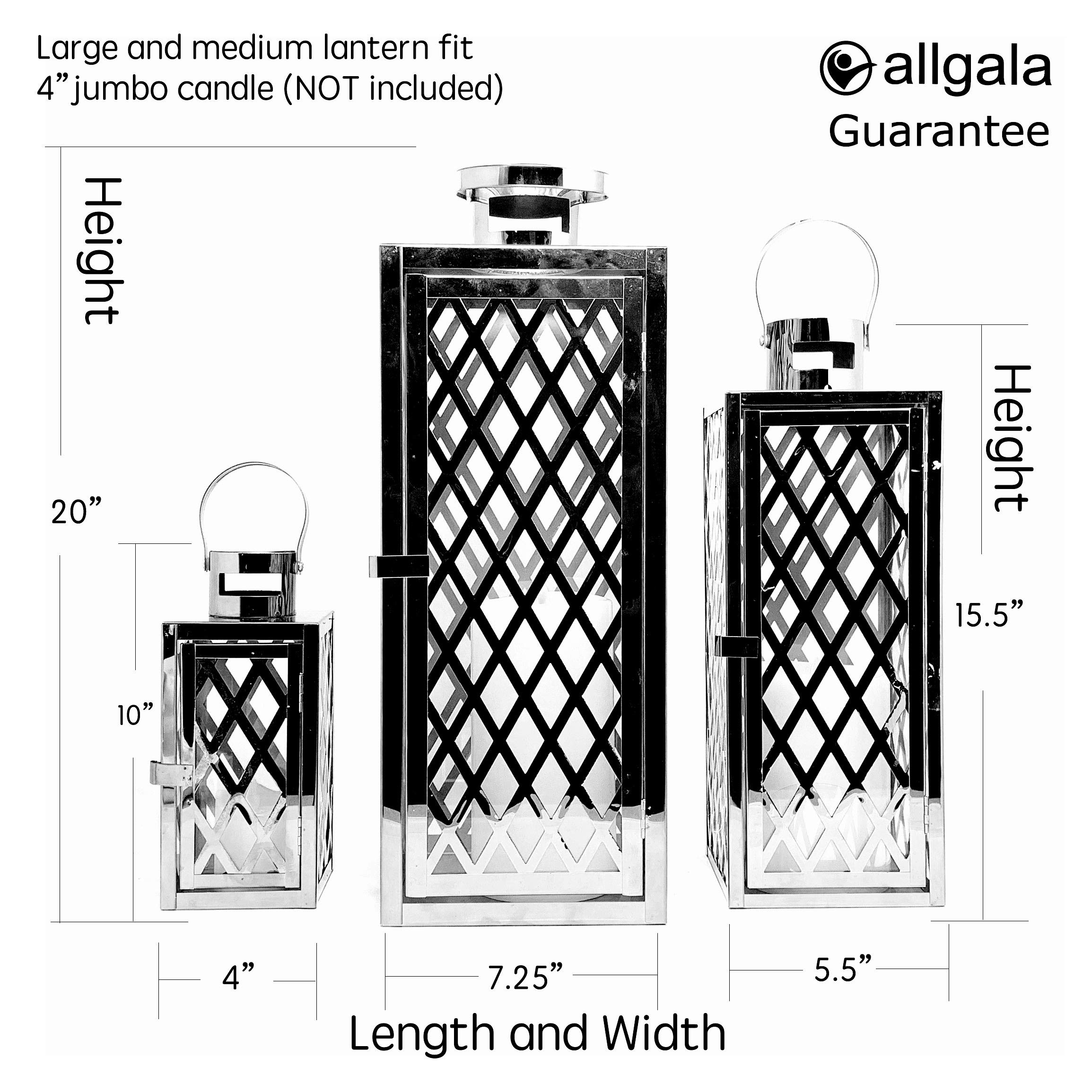 Allgala 3-Piece Jumbo Lantern Set - 23 Inch Modern Black Stainless Steel Rectangular Candle Lanterns with Lattice Grid & Tempered Glass - Indoor/Outdoor Decor for Garden, Poolside, Fireplace, Wedding & Patio Lighting