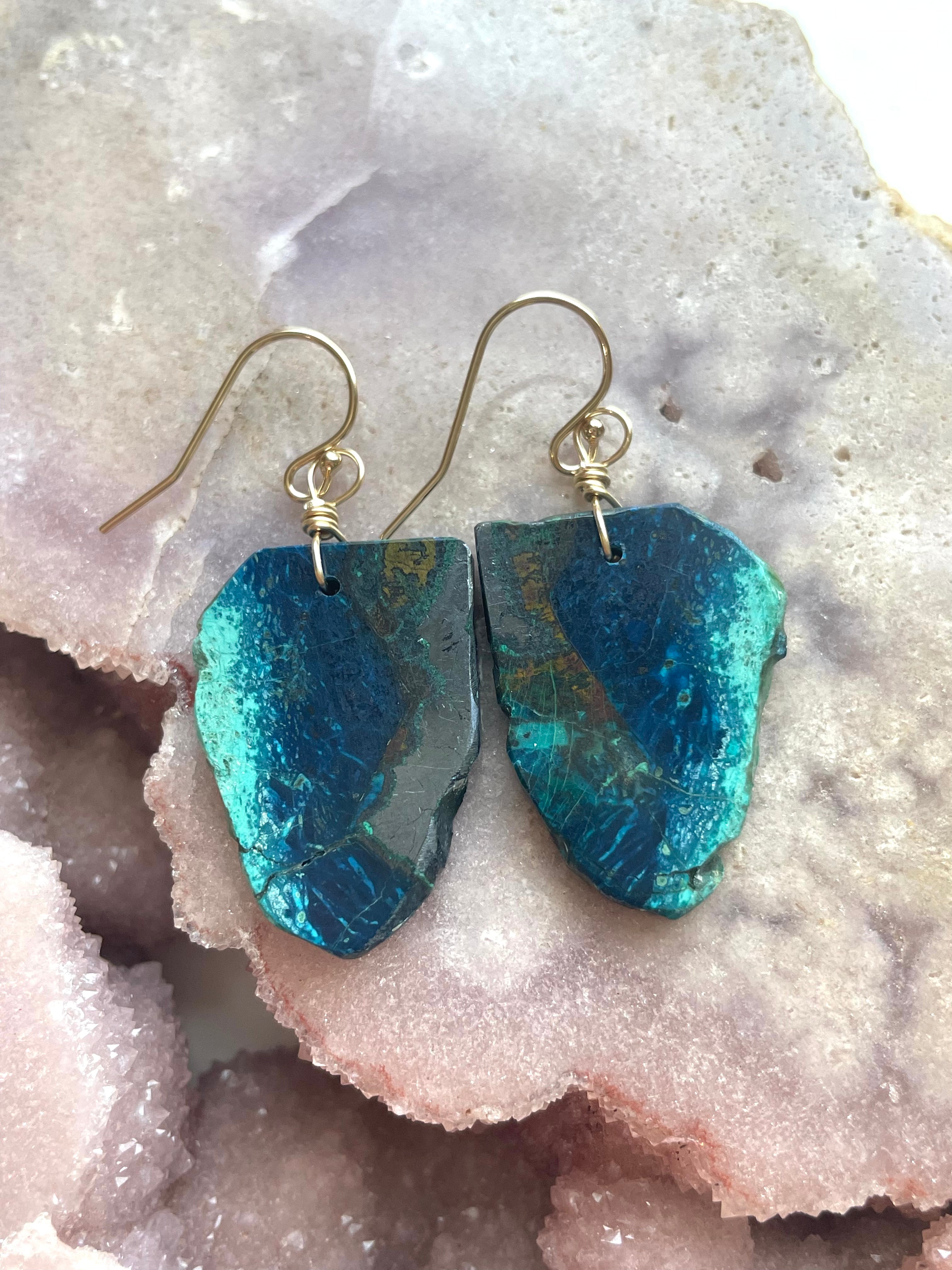 Chrysocolla Gold Filled Statement Crystal Gemstone Earrings for Women - Elegant Dangle Drop Earrings for Party, Wedding & Special Occasions