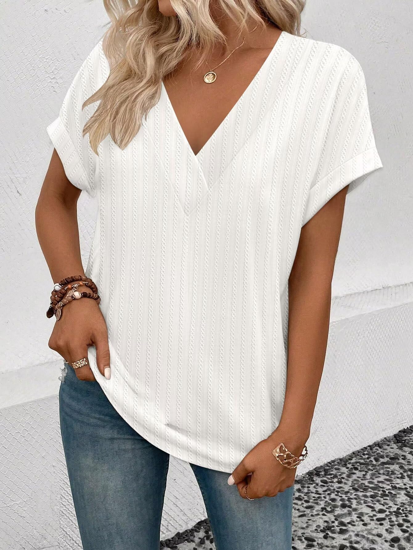 KKJ Women's V-Neck Textured Short Sleeve T-Shirt - Loose Fit Casual Cute Top for Spring Summer 2025 | Trendy Outfit for Everyday Wear, Date Nights & Weekend Getaways