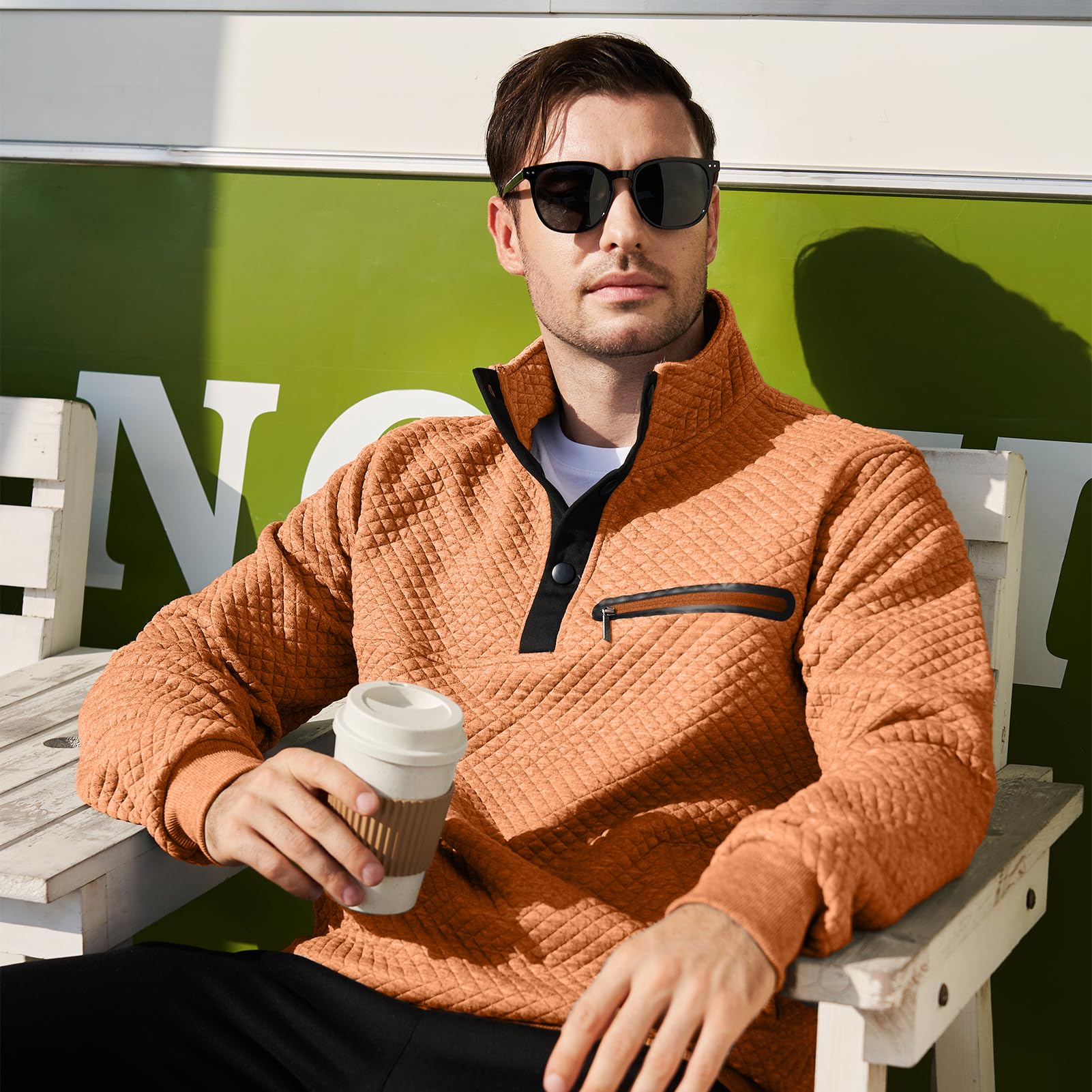 Men's Casual Long Sleeve Waffle Knit Pullover Sweatshirt with Stand Collar & Button Pocket - Cozy Winter Layering & Outdoor Activities