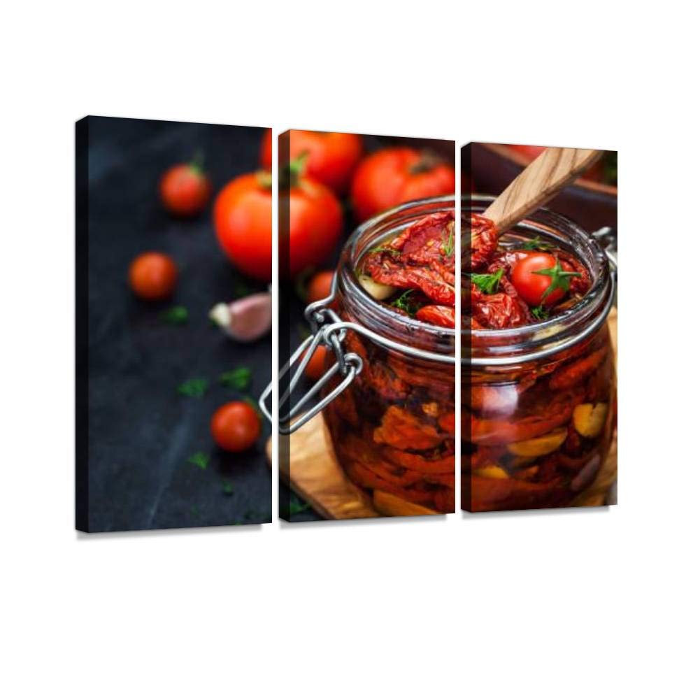 3 Panel Modern Wall Art Canvas Prints - Sun Dried Tomatoes with Garlic, Olive Oil & Rosemary Food Artwork for Home Decor | Ready to Hang Living Room & Bedroom Pictures | Perfect for Kitchen, Dining Area & Farmhouse Style Interiors