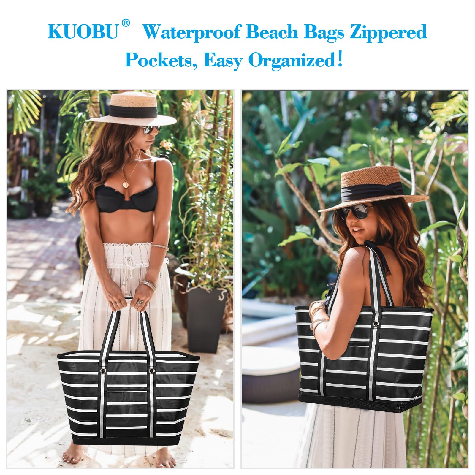 Waterproof Beach Bag for Women - Large Zippered Gym Tote with Multiple Pockets - Perfect for Pool, Travel, Gym & Weekender Trips