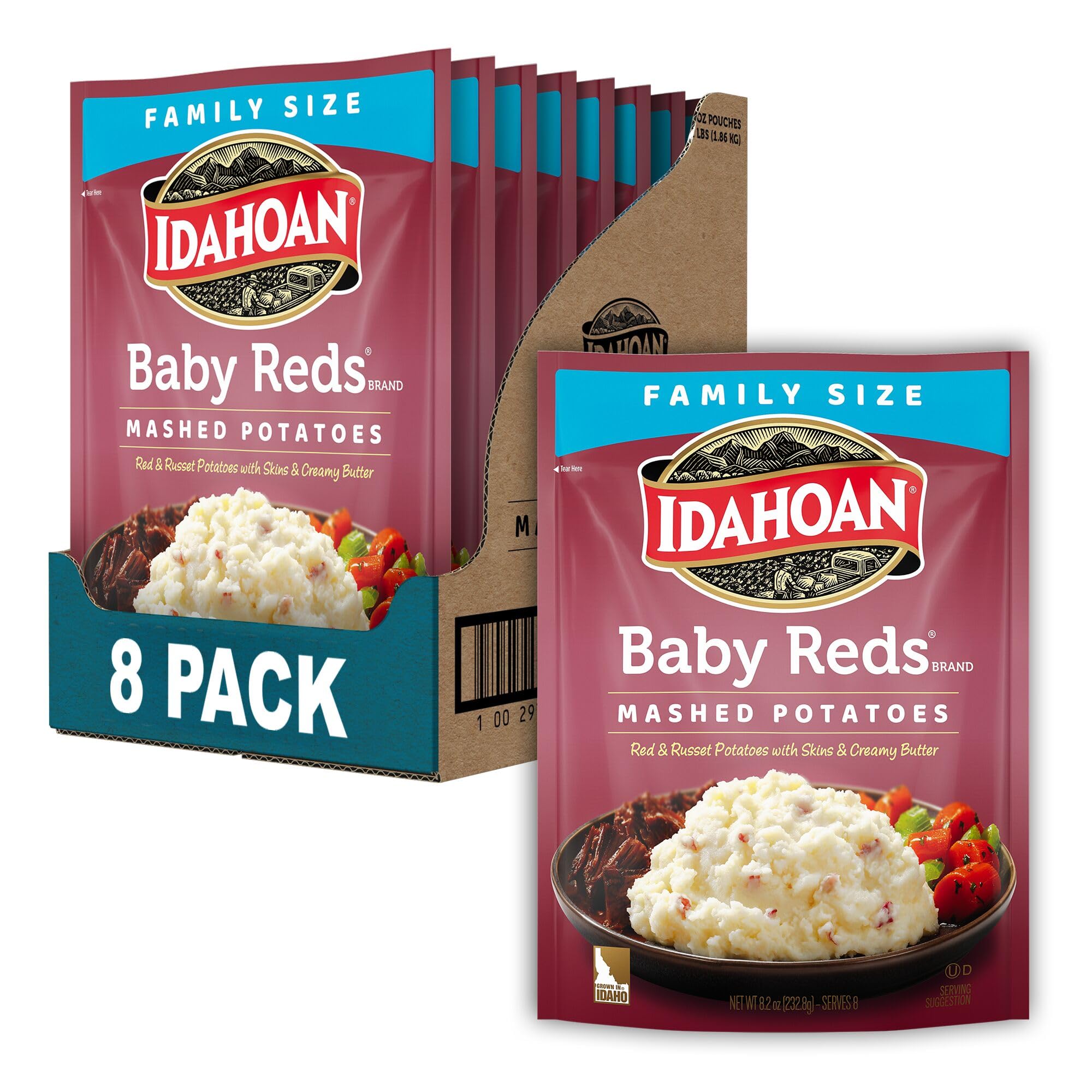 Idahoan Baby Reds Mashed Potatoes - Family Size 8.2 oz (Pack of 8) | Instant Mashed Potato Mix | Quick & Easy Side Dish for Family Dinners, Potlucks & Holiday Meals