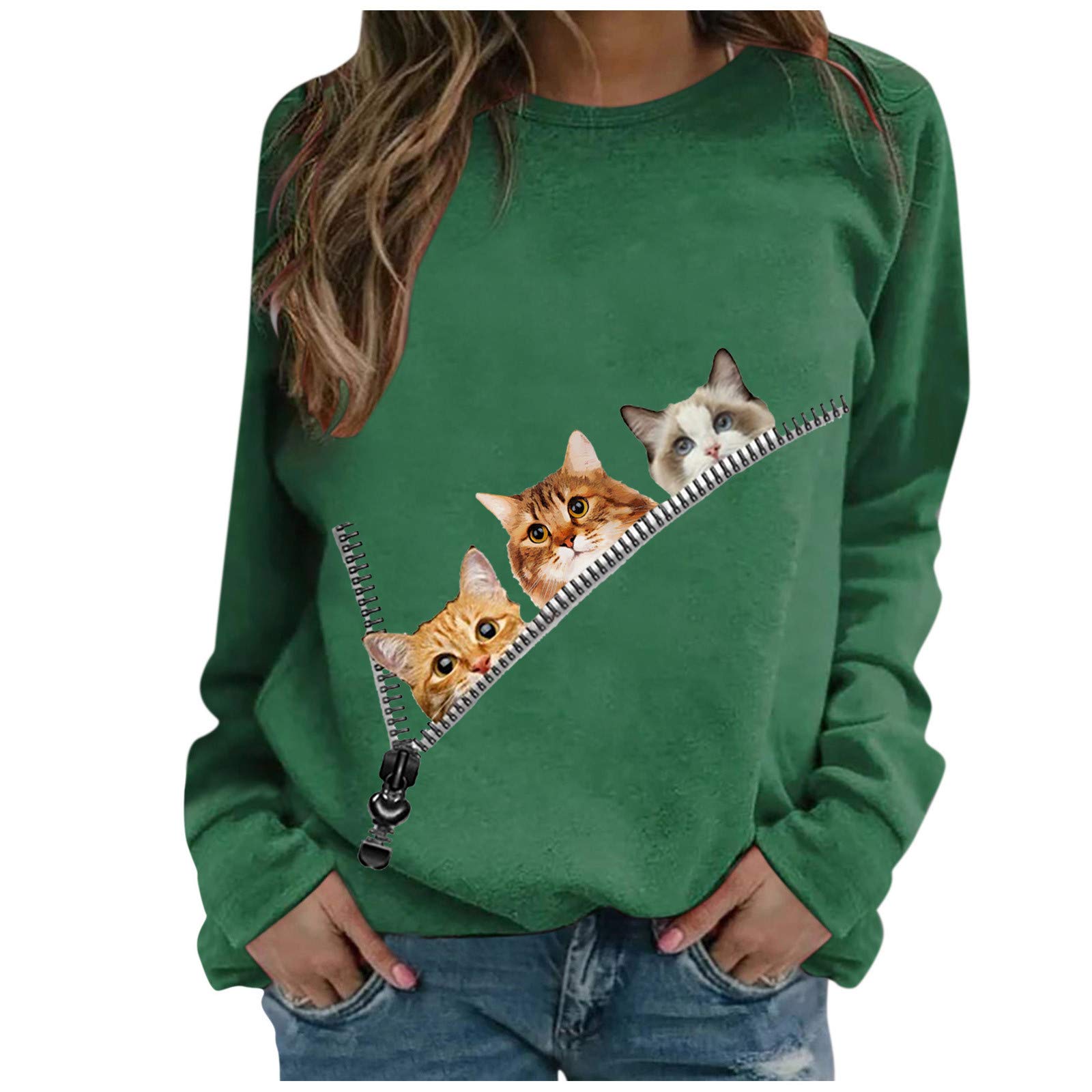 Women's Casual Long Sleeve Printed O-Neck Sweatshirt Blouse with Lace Detail - Stylish Fall & Winter Tops for Work, Dating & Everyday Wear
