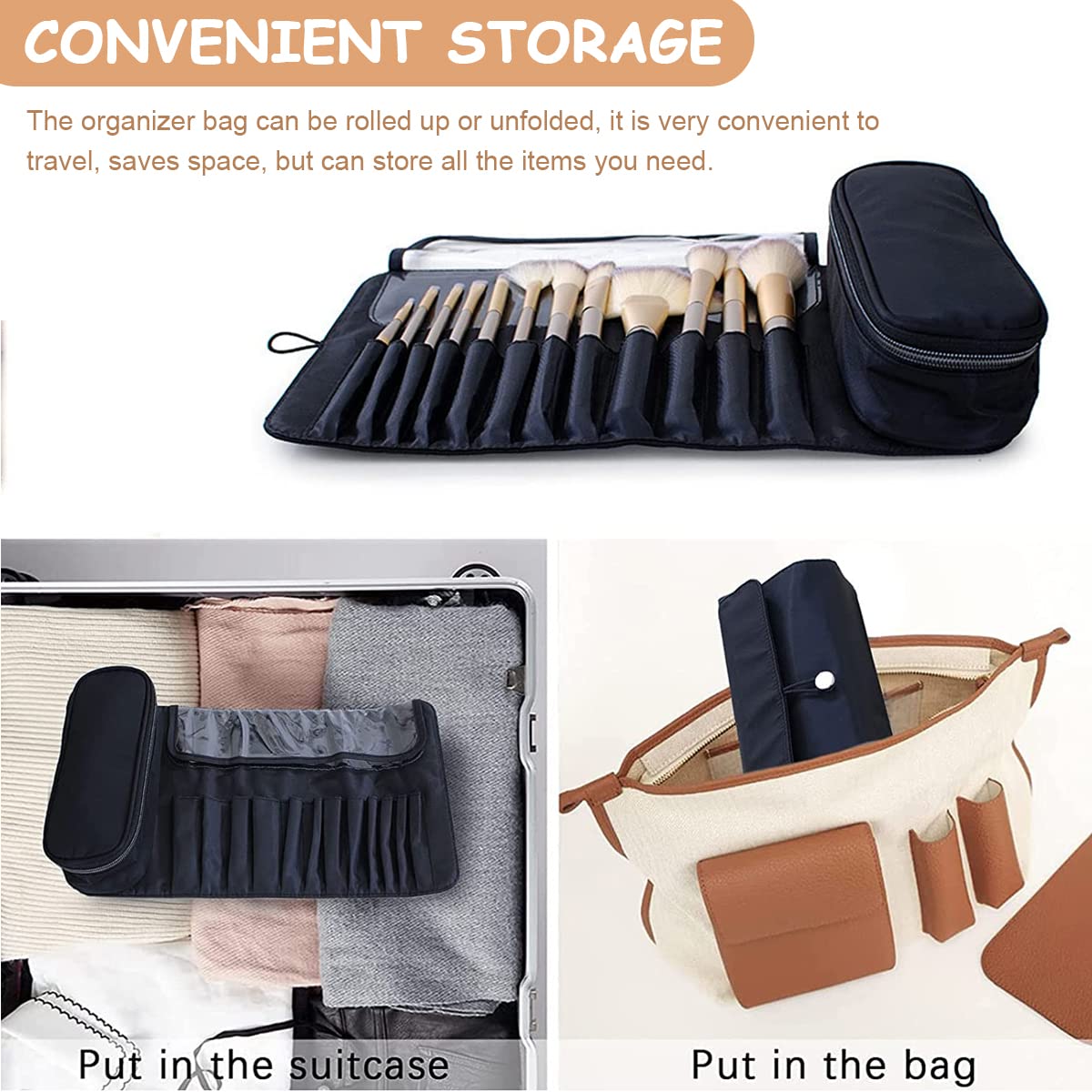 MAYCREATE Travel Makeup Brush Organizer - Waterproof Cosmetic Brush Roll with 12 Brush Sleeves, Zipper Pouch & Mesh Pocket | Dustproof Makeup Bag for Professional Artists & On-the-Go Beauty Essentials | Perfect for Travel, Home Storage & Salon Use
