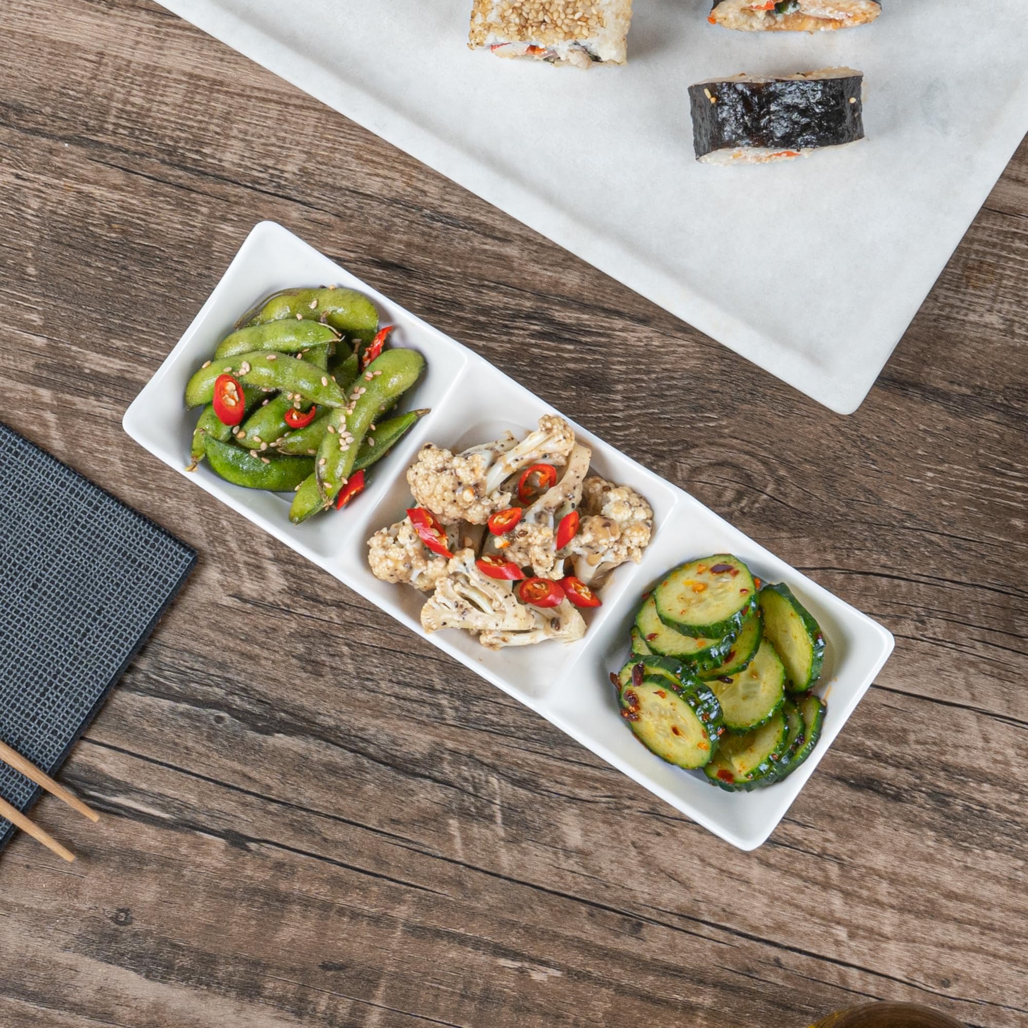 Voga 8.5 oz Square Melamine Serving Dishes - 3 Compartment Appetizer Plates for Dips, Snacks & Condiments | Durable Restaurantware for Catering, Parties & Home Entertaining