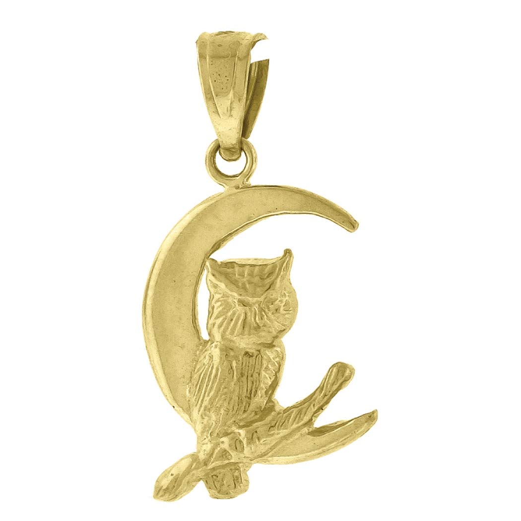 10K Yellow Gold Owl Pendant Necklace - Celestial Moon Charm for Women & Men (20.9mm x 10.9mm) | Unisex Animal Jewelry Gift for Birthday, Anniversary & Special Occasions