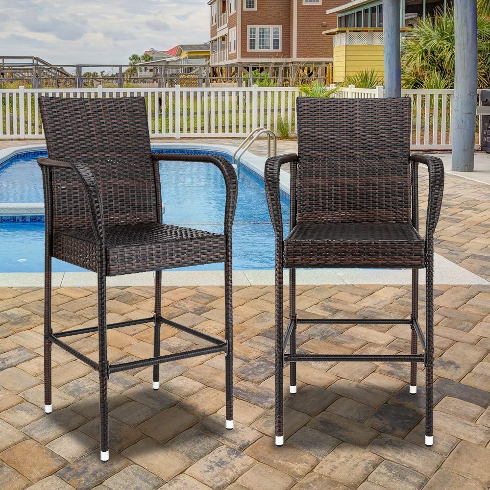 **SSLine Set of 2 Patio Bar Stools – Indoor/Outdoor Wicker Bar Chairs with Footrest & Armrest – Gray (Brown) – Perfect for Patio, Poolside, Garden & Backyard Relaxation**