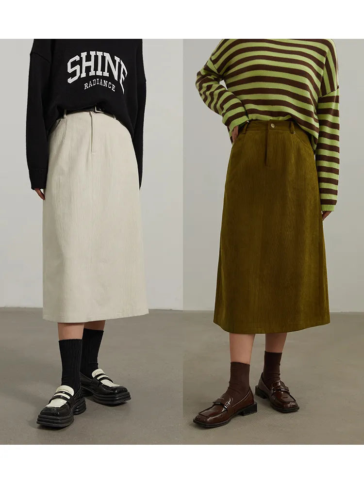 Retro High Waist Corduroy Skirt for Women - Autumn Winter Back Slit Casual Skirt with Length Options | Perfect for Office Commute, Date Nights & Fall Fashion