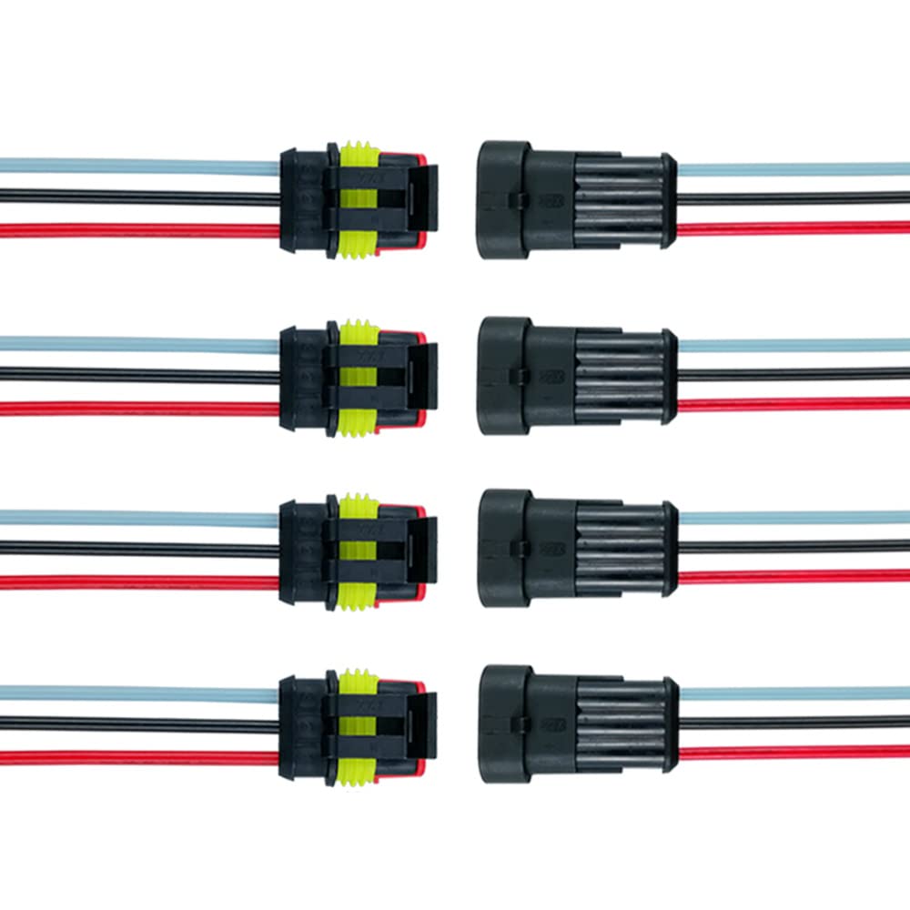 QitinDasen 4Pcs 3-Pin Waterproof Car Electrical Connectors - 16AWG for Auto, Truck & Marine Use