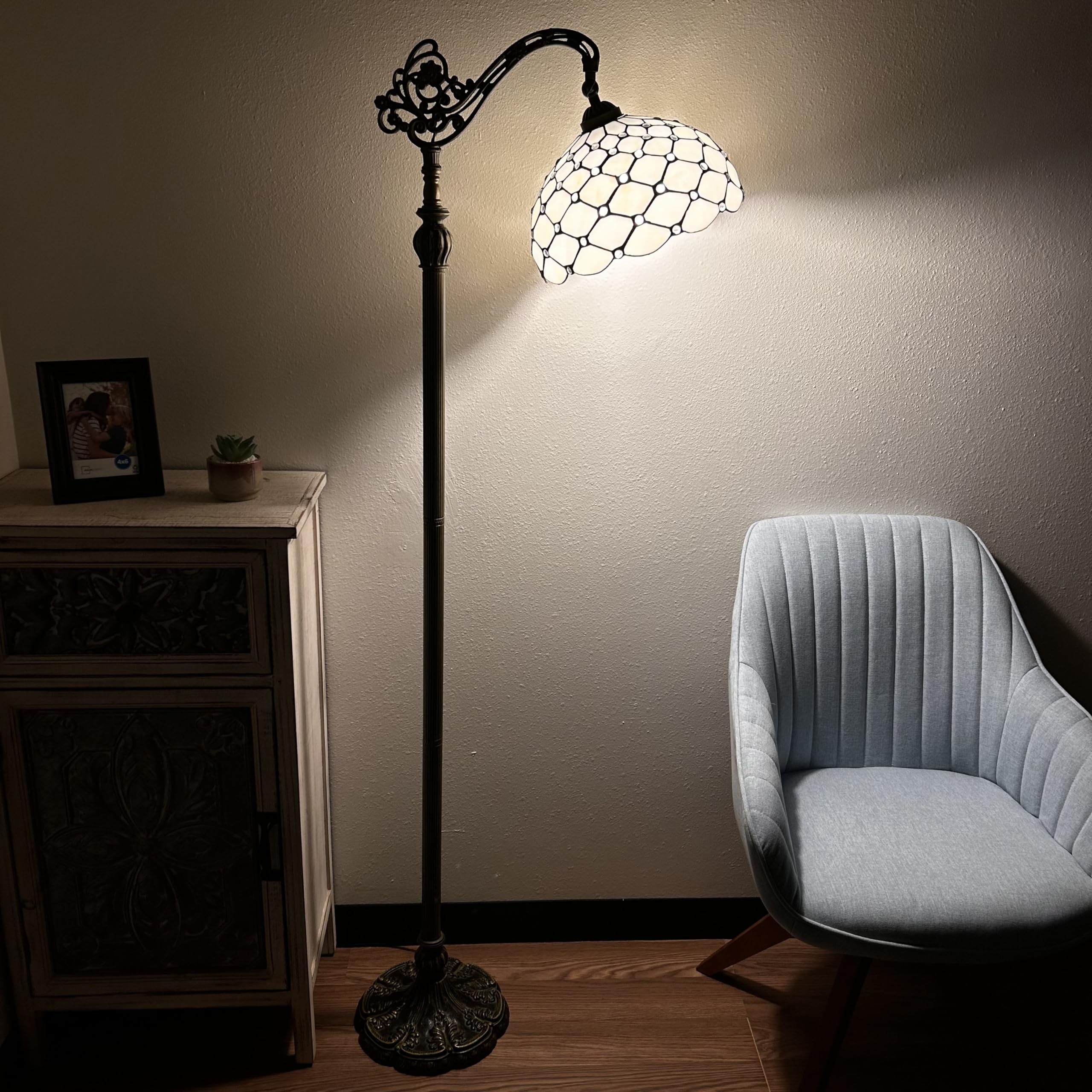 Tiffany Style Floor Lamp with White Stained Glass & Crystal Beads - Adjustable Gooseneck LED Reading Light for Living Room, Bedroom (20