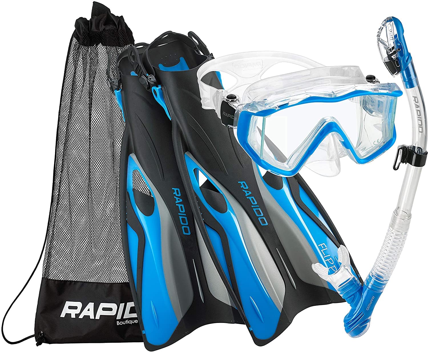 Phantom Aquatics Rapido Boutique Snorkel Set - 3-Window Tempered Glass Mask, Fin & Carry Bag | Scuba Diving, Snorkeling Gear for Beach Vacations & Underwater Adventures