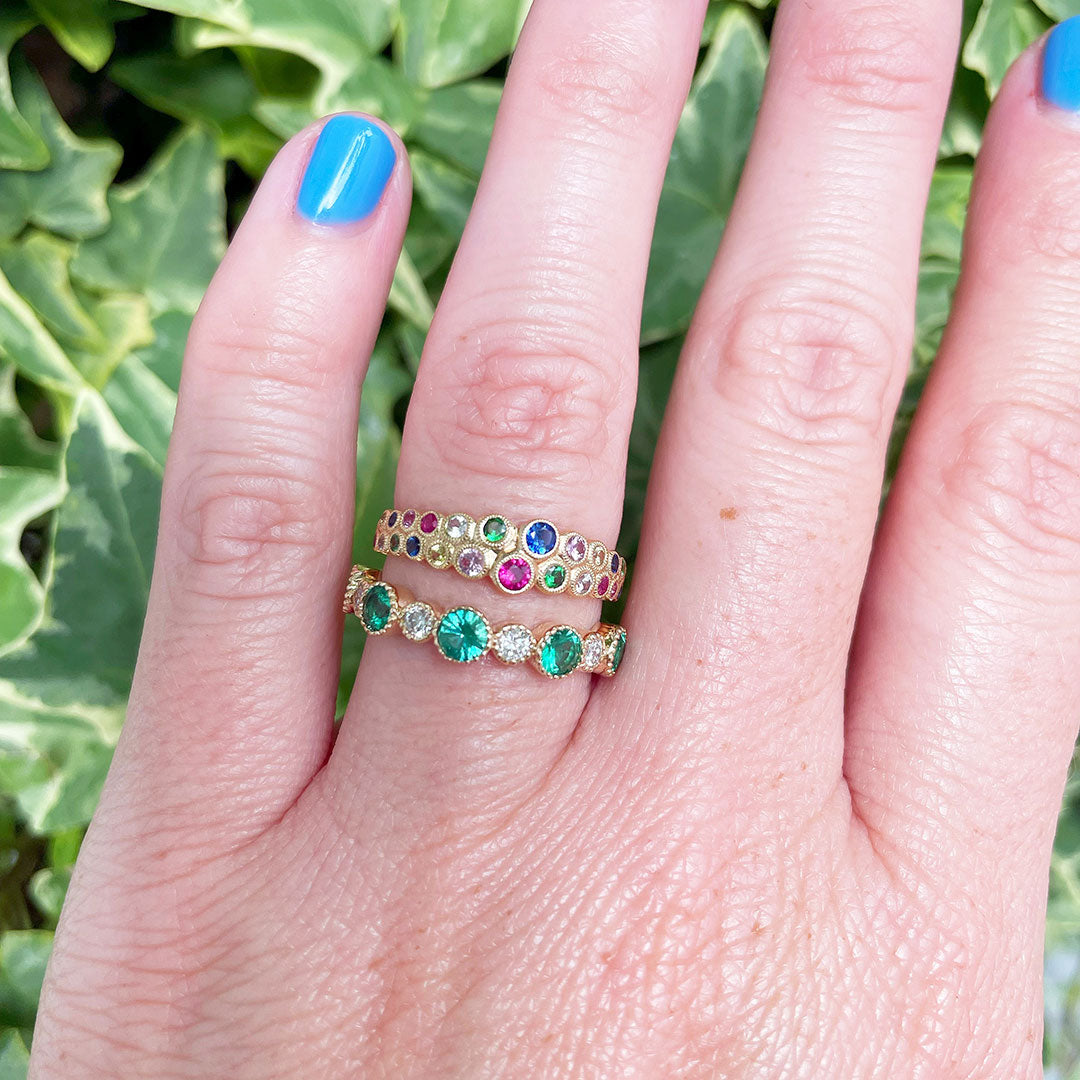 14K Yellow Gold Emerald & Diamond Milgrain Halfway Wedding Band Ring - Perfect for Engagement, Anniversary & Bridal Jewelry Gifts