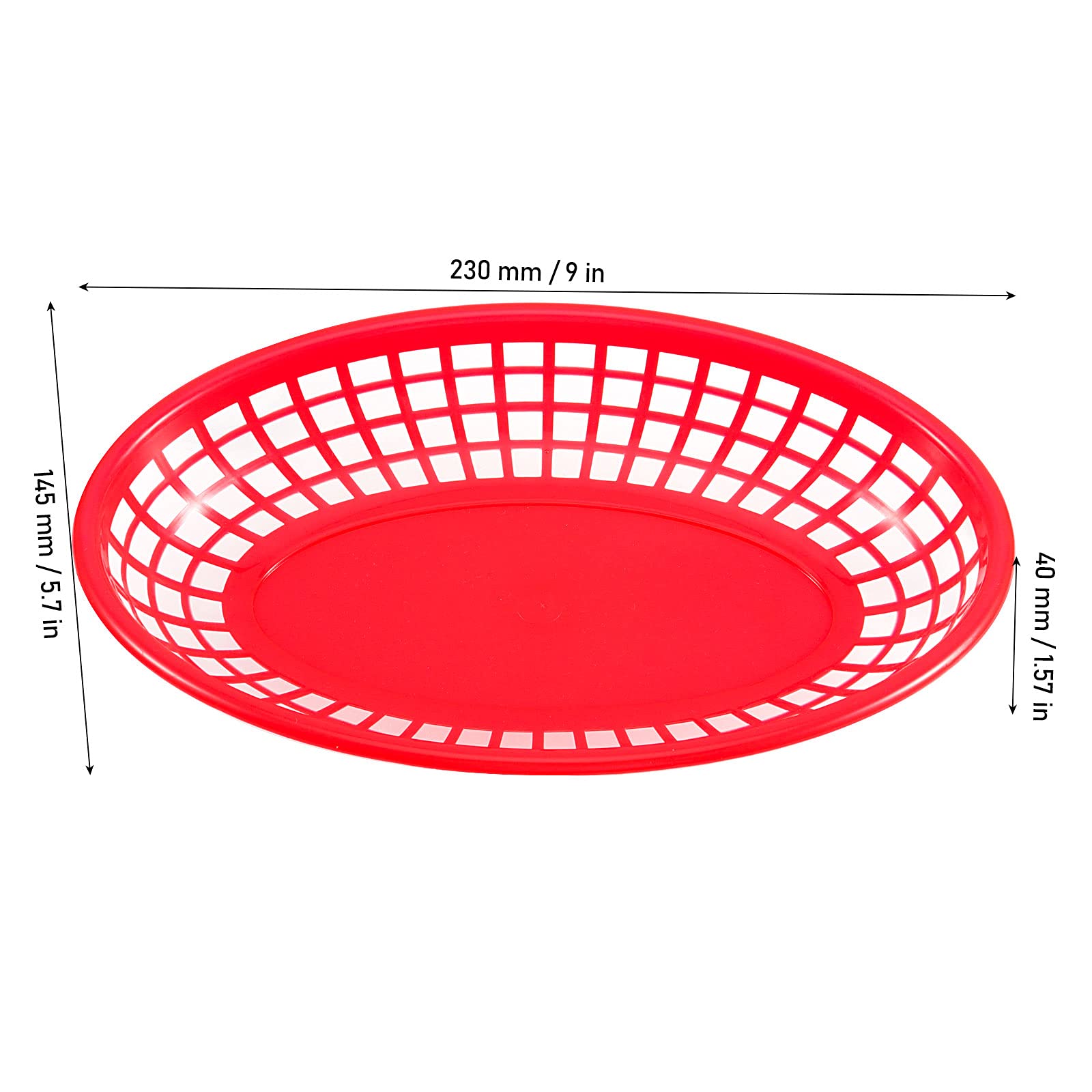60 Pack 9 x 5.6 Inch Red Plastic Fast Food Baskets - Oval Serving Trays for Burgers, Sandwiches, Fried Chicken, Fries, Bread & Fruits | Perfect for Restaurants, Food Trucks, Catering & Party Snack Serving