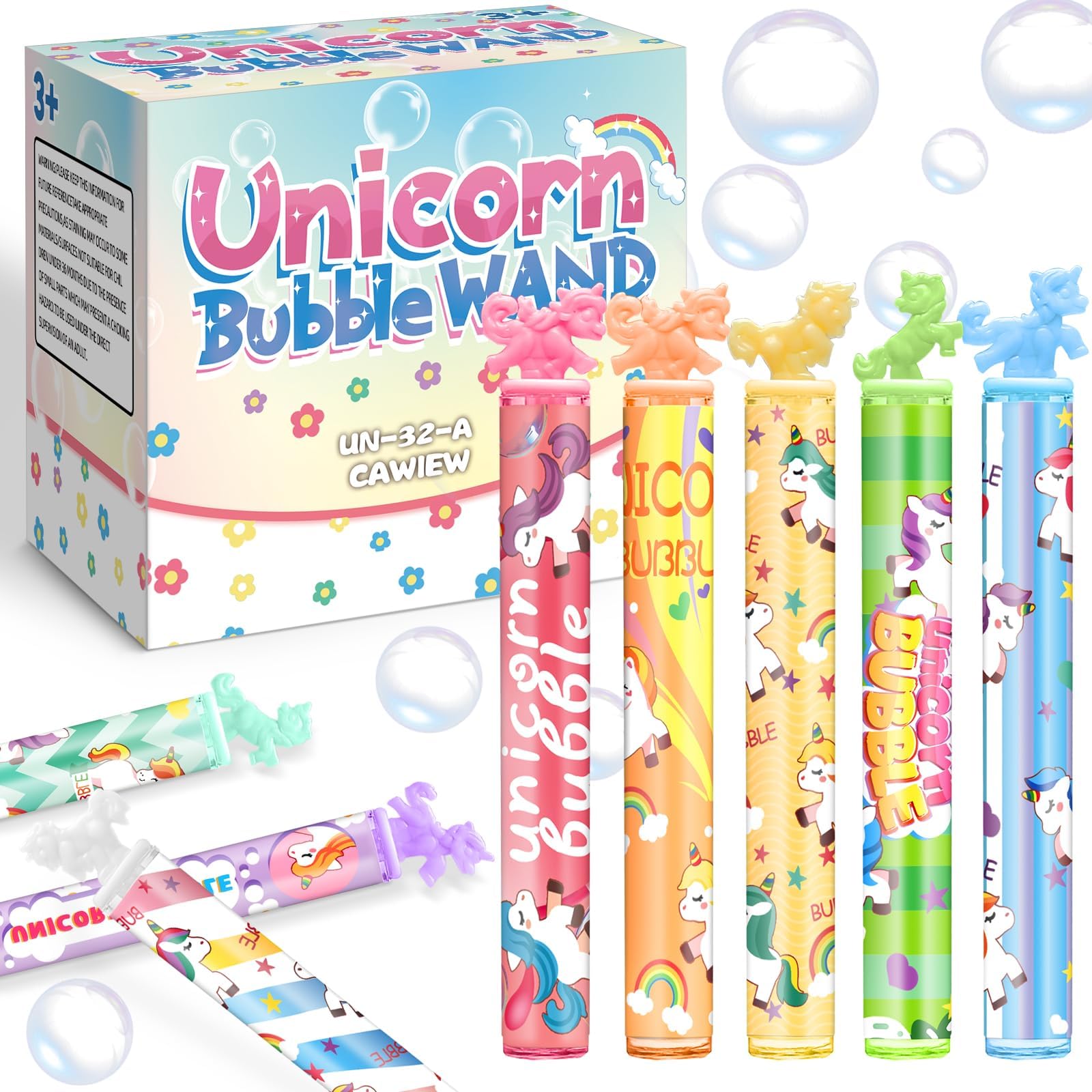 32 Pack Mini Unicorn Bubble Wands with Stickers - Pastel Party Favors for Kids, Birthday Decorations, Carnival Prizes, Goody Bag Fillers - Perfect for Girls' Birthday Parties, Baby Showers & Outdoor Play