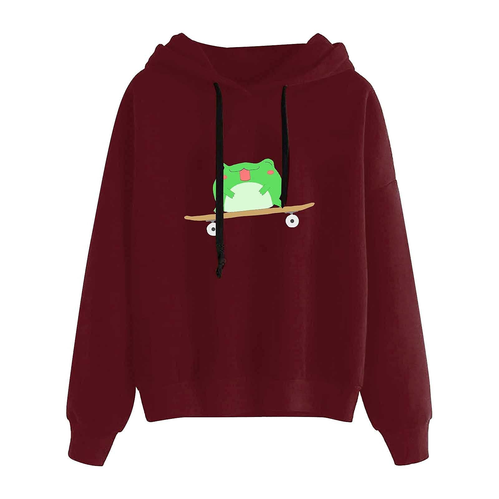 Women's Fleece Hooded Sweatshirt - Long Sleeve Casual Printed Pullover with Hoodie (Wine Red, Size S) | Perfect for Fall Layering, Winter Warmth & Everyday Comfort