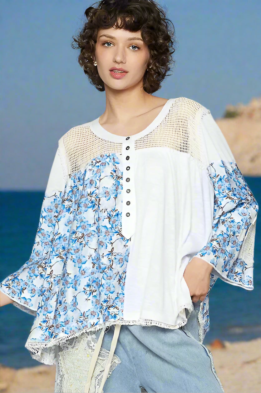 Boho Floral Print Crochet Detail Top - Loose Fit Beach Shirt for Women | Summer Vacation, Music Festival & Casual Outfit