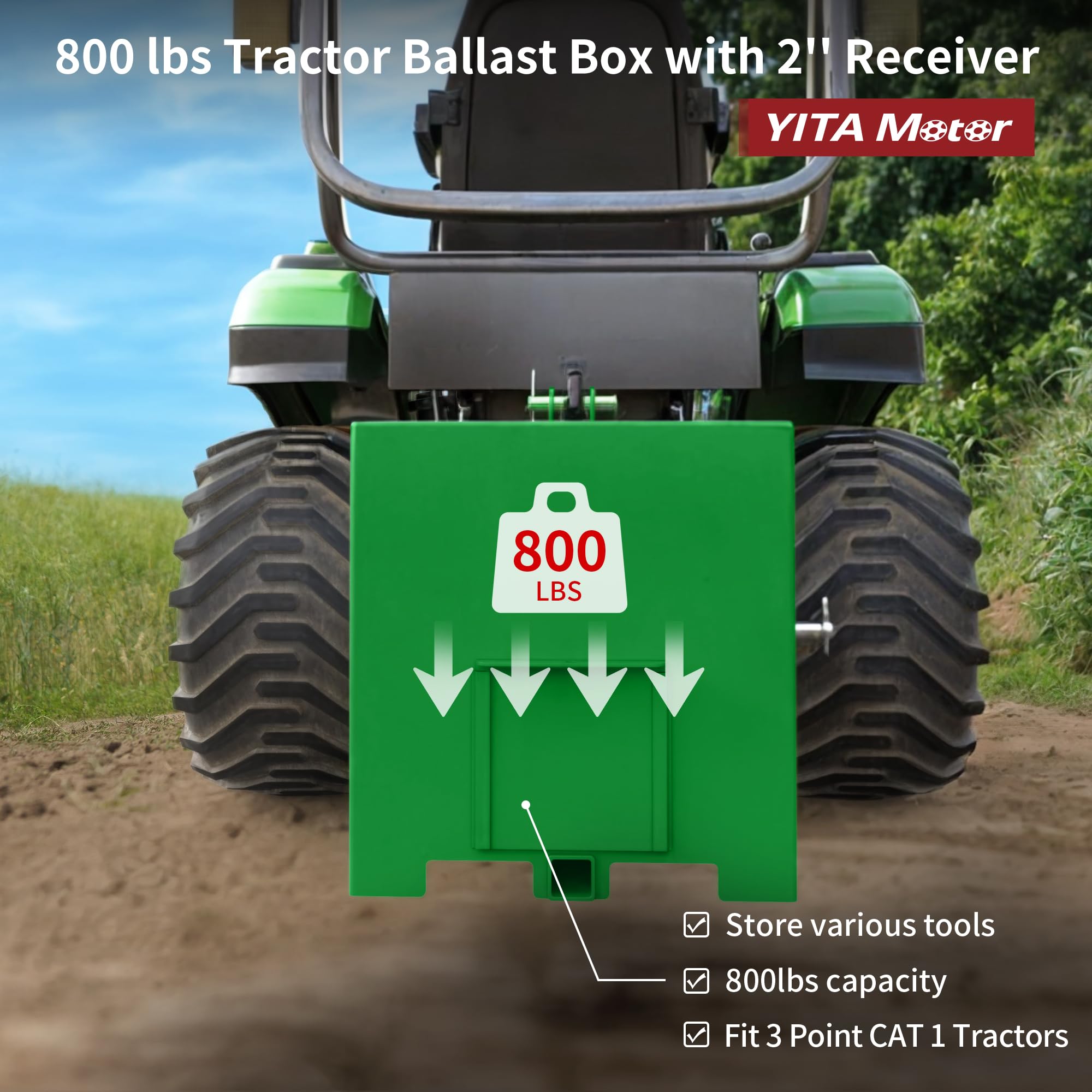 YITAMOTOR 800lbs 3 Point Hitch Ballast Box for Category 1 Tractor - Heavy Duty Weight Box with 2'' Quick Trailer Hitch Receiver (Green) - Perfect for Tractor Stability, Counterbalance & Farm Equipment Transport