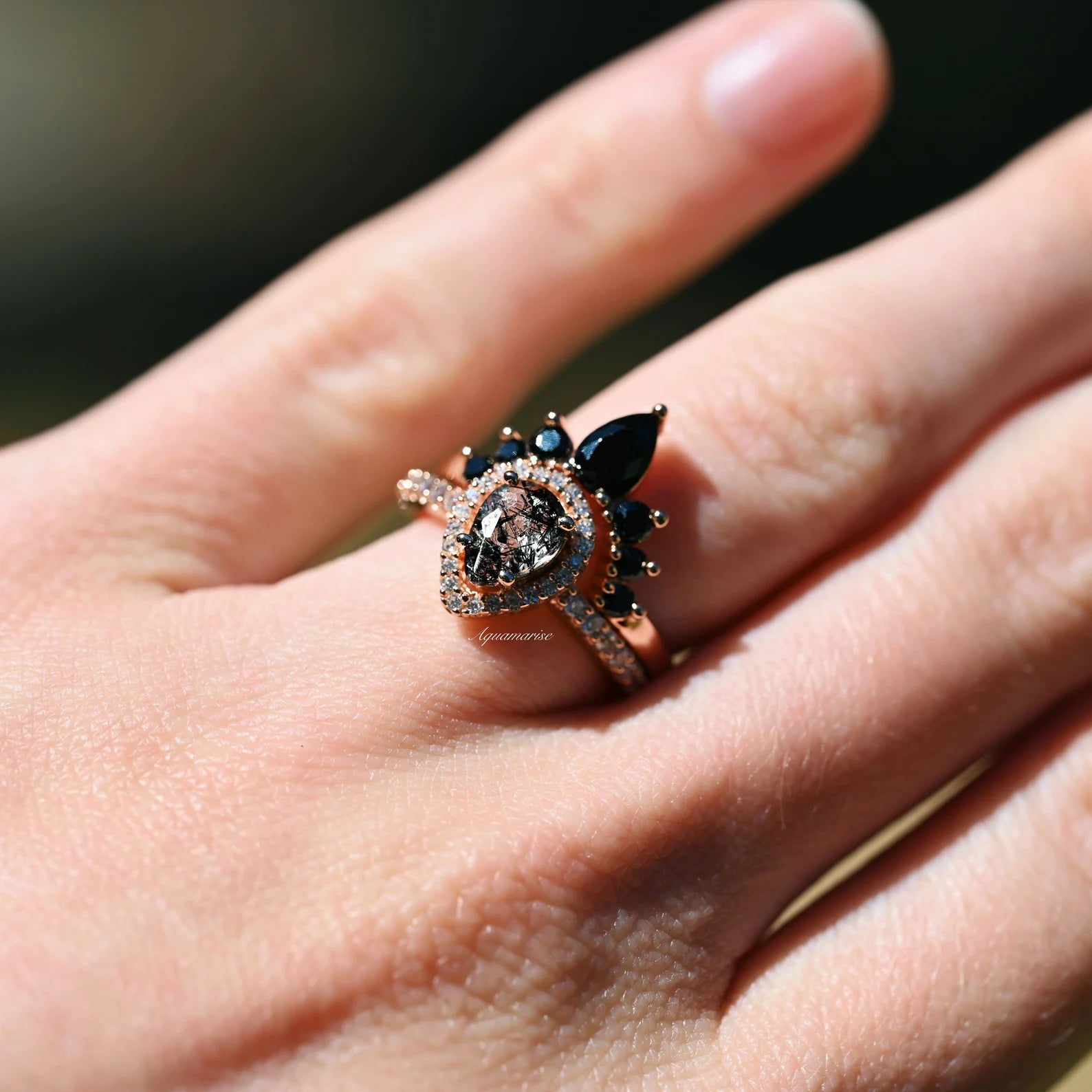 14K Rose Gold Vermeil Amy Rutilated Quartz & Black Diamond (Onyx) Ring Set - Elegant Jewelry for Women, Perfect for Weddings, Anniversaries & Special Occasions