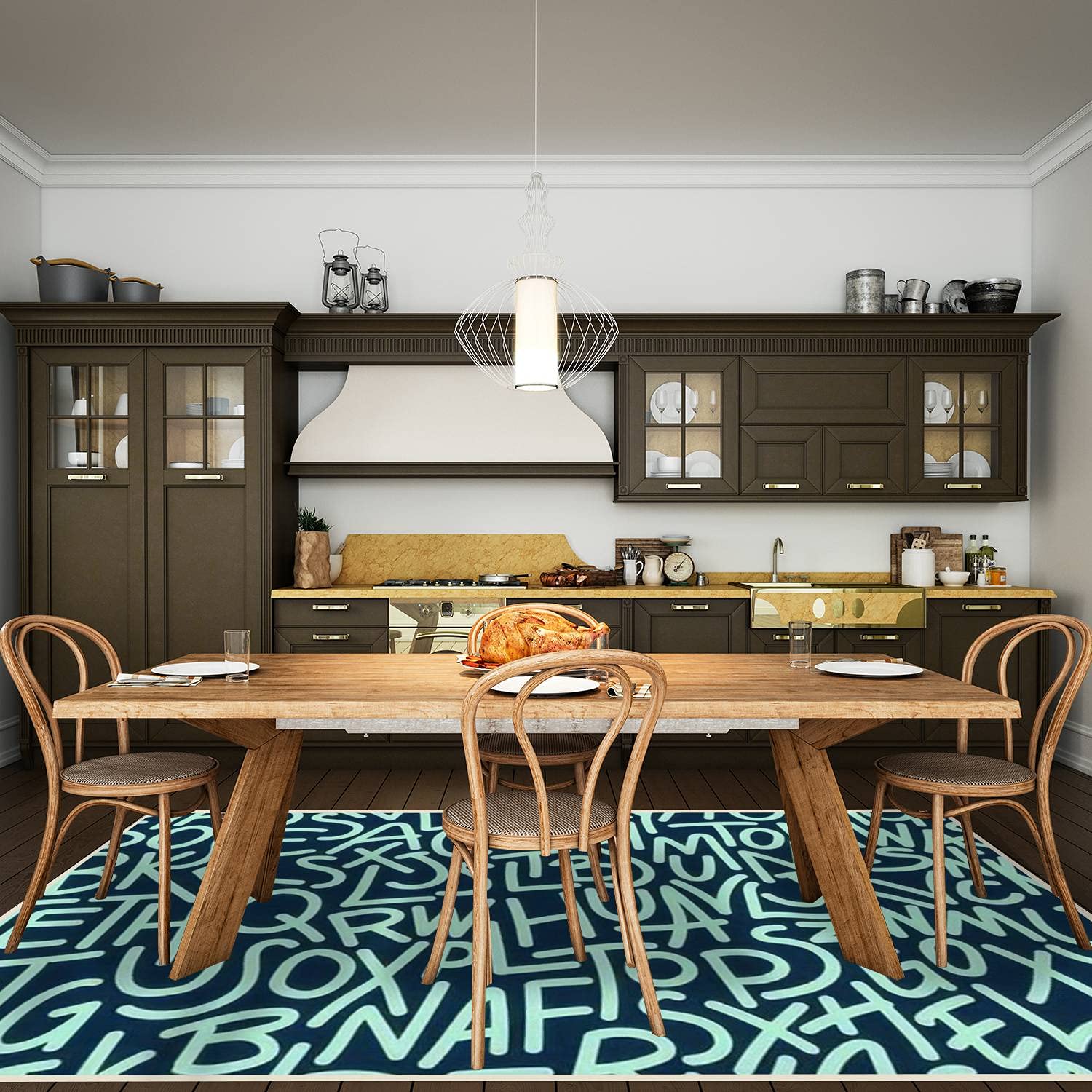 Modern Abstract Area Rugs - Stain Resistant Non-Slip Carpet for Living Room, Bedroom, Kitchen & Bathroom - Sailor Blue & Mint Alphabet Pattern Rectangular Home Decor Mat - Perfect for Cozy Spaces, Nursery Decor & High Traffic Areas