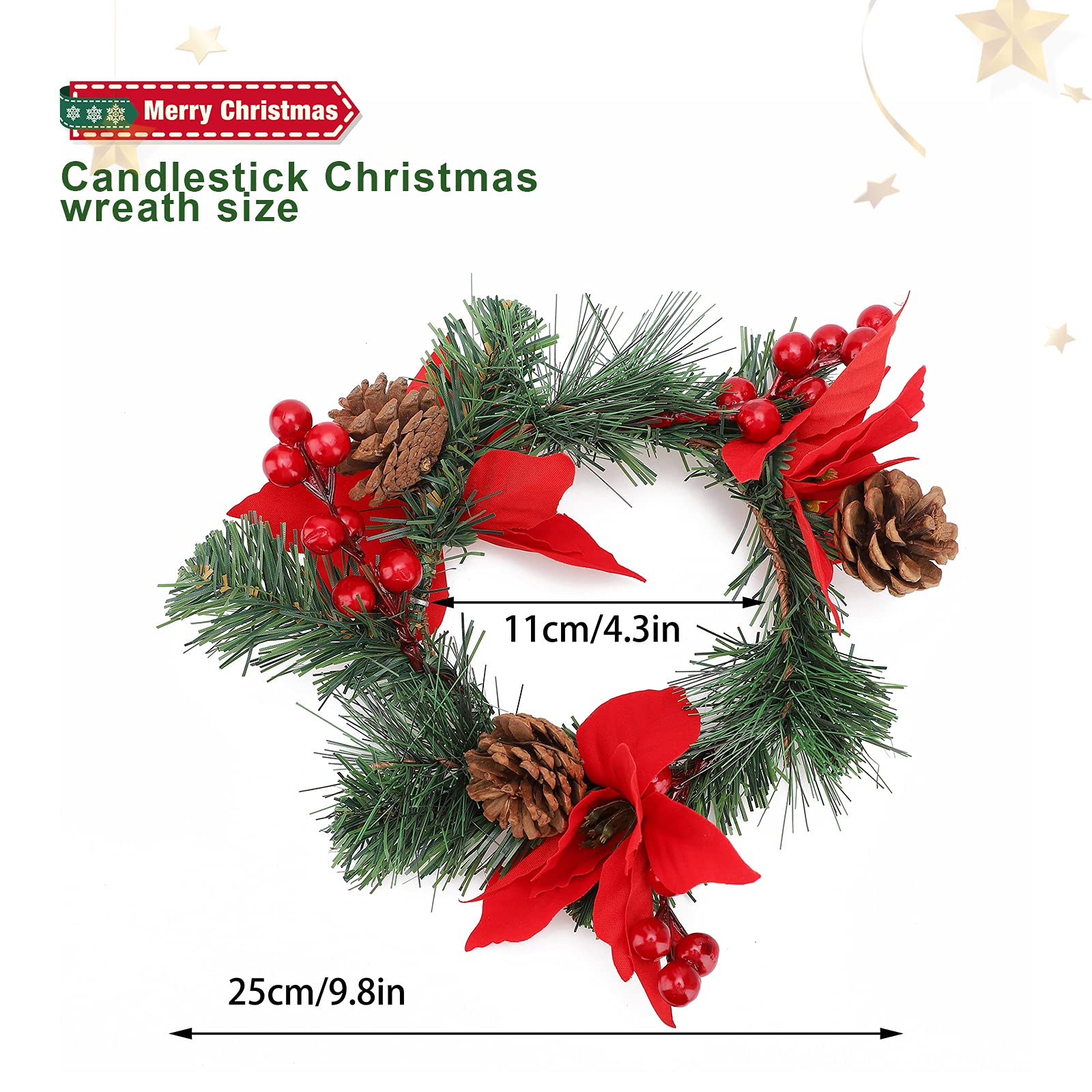 6Pcs Artificial Poinsettia Pine Candle Rings - Christmas Floral Wreath Candle Holder with Red Berries for Table Decor, Holiday Party, Wedding Centerpiece | Perfect for Fireplace Mantel, Dining Table, Christmas Tree Skirt Decoration