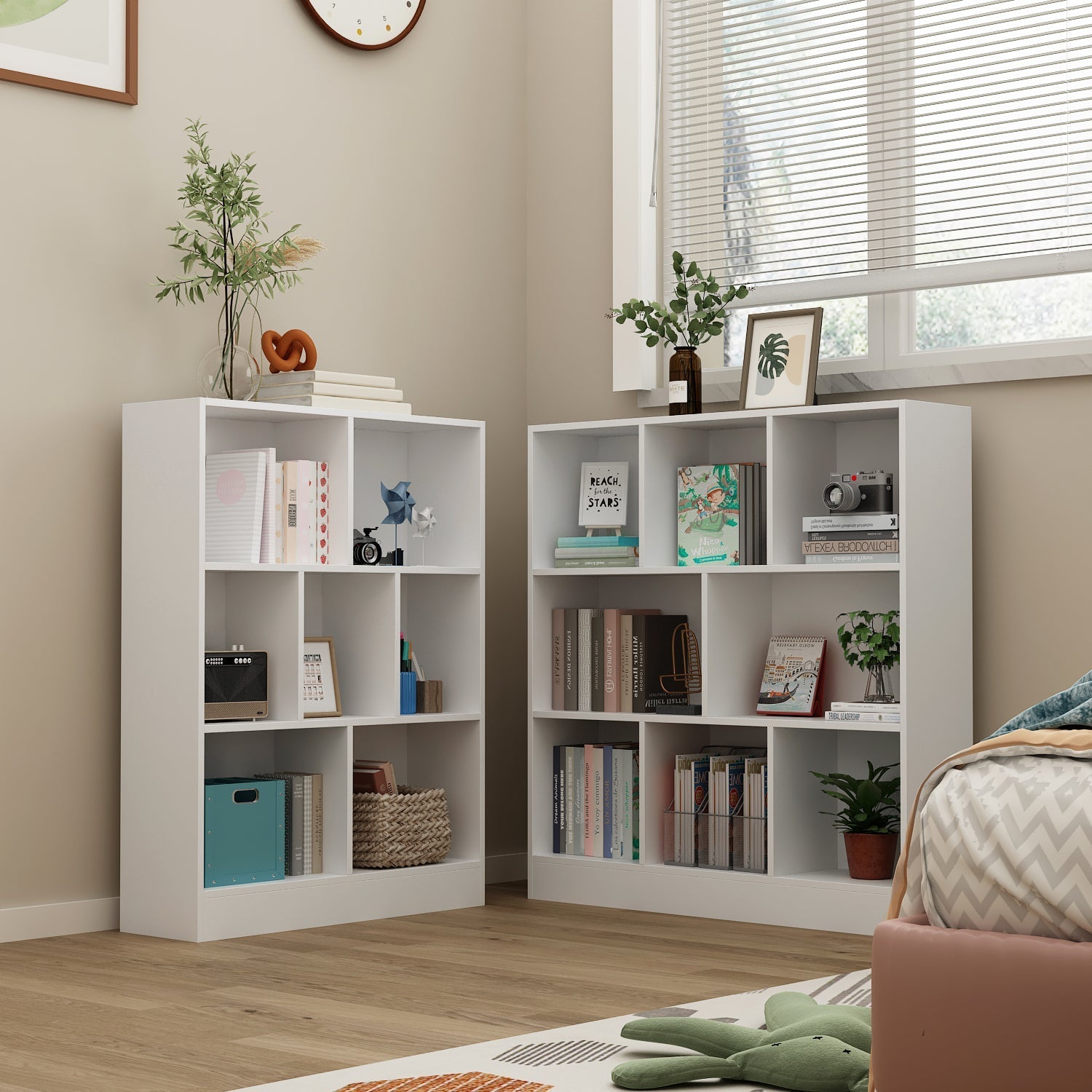 Modern Entryway Cabinet with 3-Tier Shelves - Wide Storage Bookcase for Kids with Multiple Cubbies - Perfect for Organizing Toys, Books & Shoes in Living Room, Nursery or Playroom