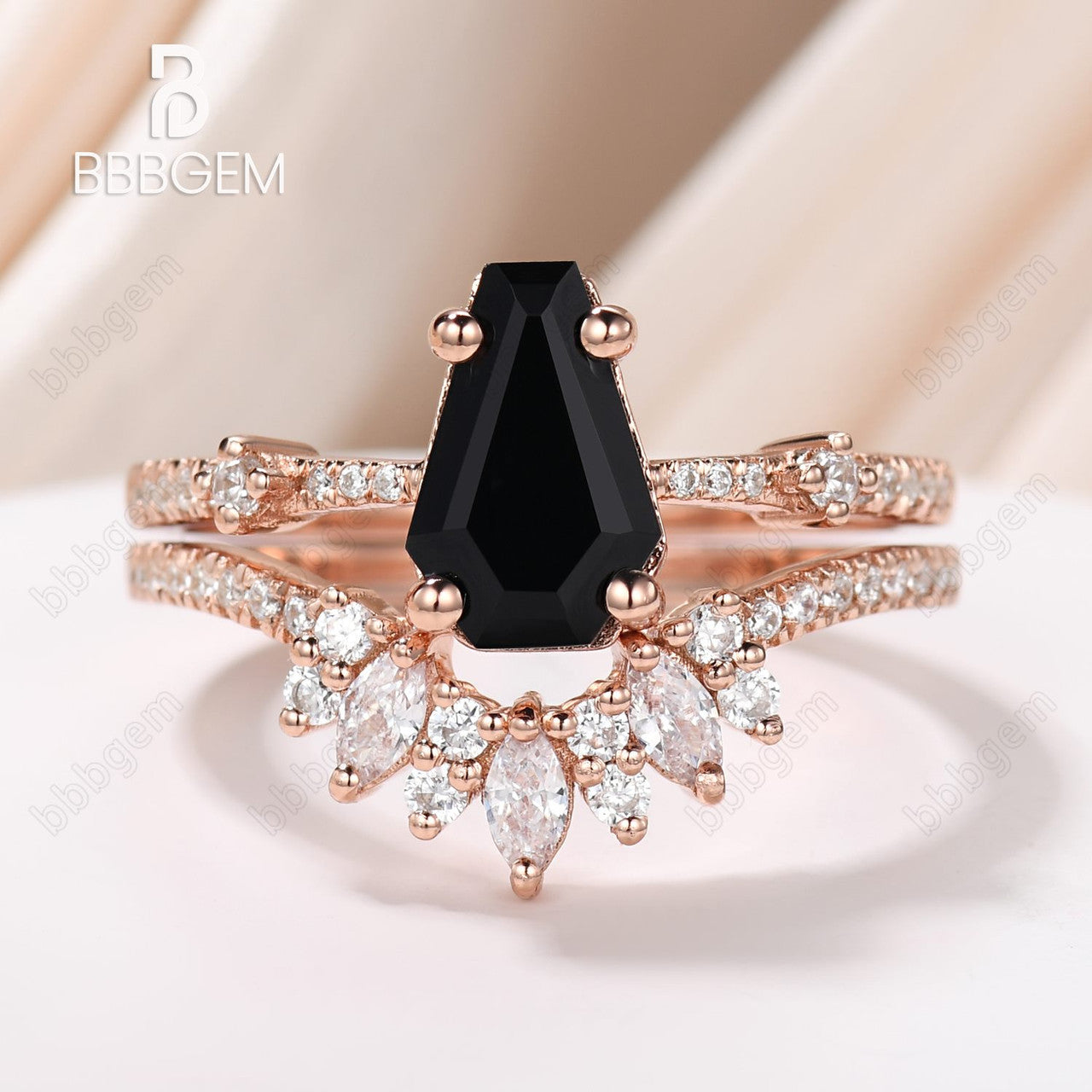 Unique Black Onyx Coffin Wedding Ring Set for Women - 14K Rose Gold Three-Stone Engagement Ring with Marquise Moissanite | Gothic Jewelry, Alternative Bridal Ring, Dark Romance Wedding Band