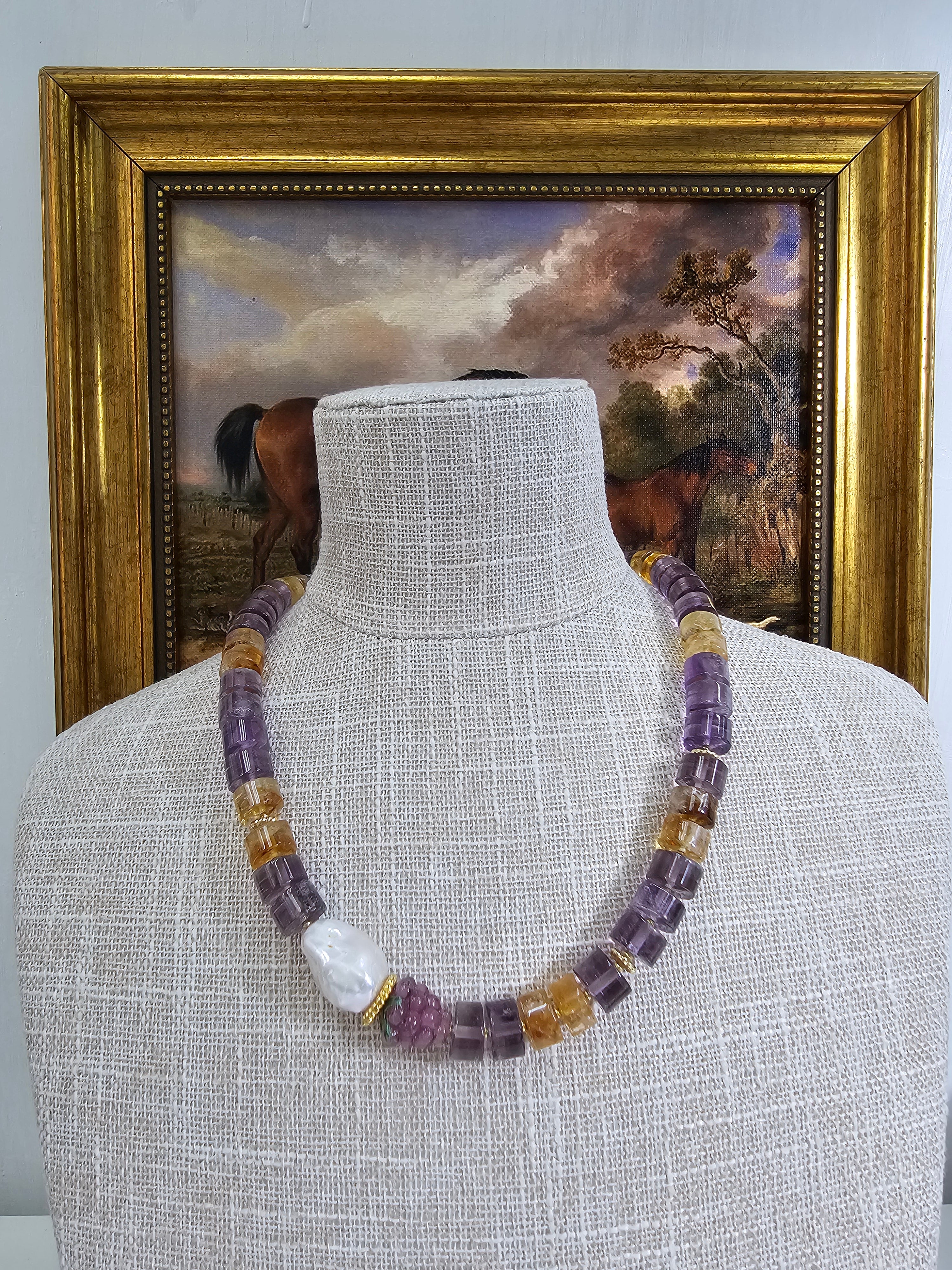 Natural Citrine & Amethyst Gemstone Necklace with Baroque Pearls - Elegant Boho Jewelry for Women, Perfect for Weddings, Parties & Everyday Wear