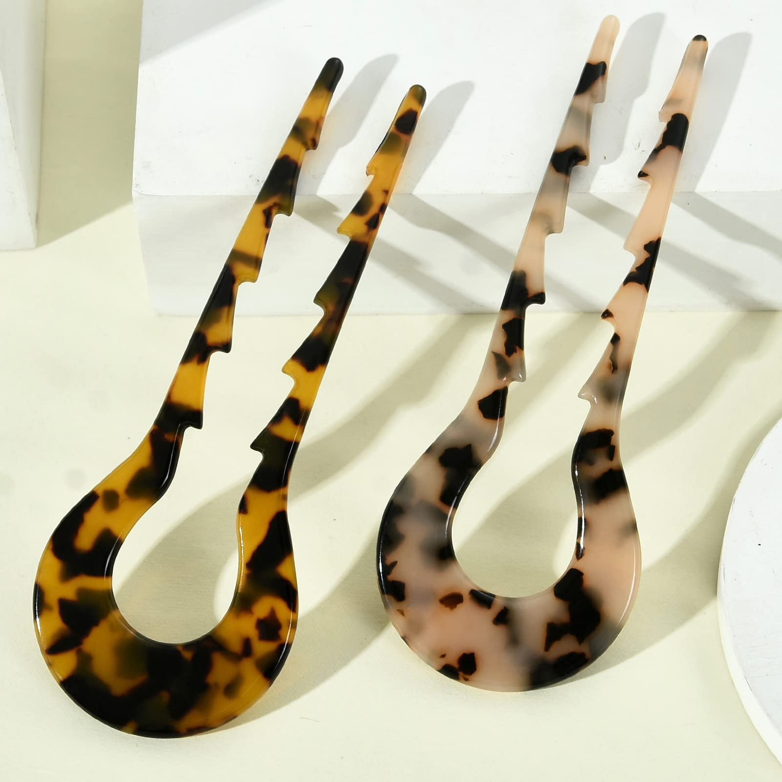 Tortoise Shell French Hair Forks - 2 Pack U-Shaped Hair Pins with 2 Prongs, Acetate Chignon Pins for Women | Elegant Hairstyle Accessories for Weddings, Parties & Everyday Wear