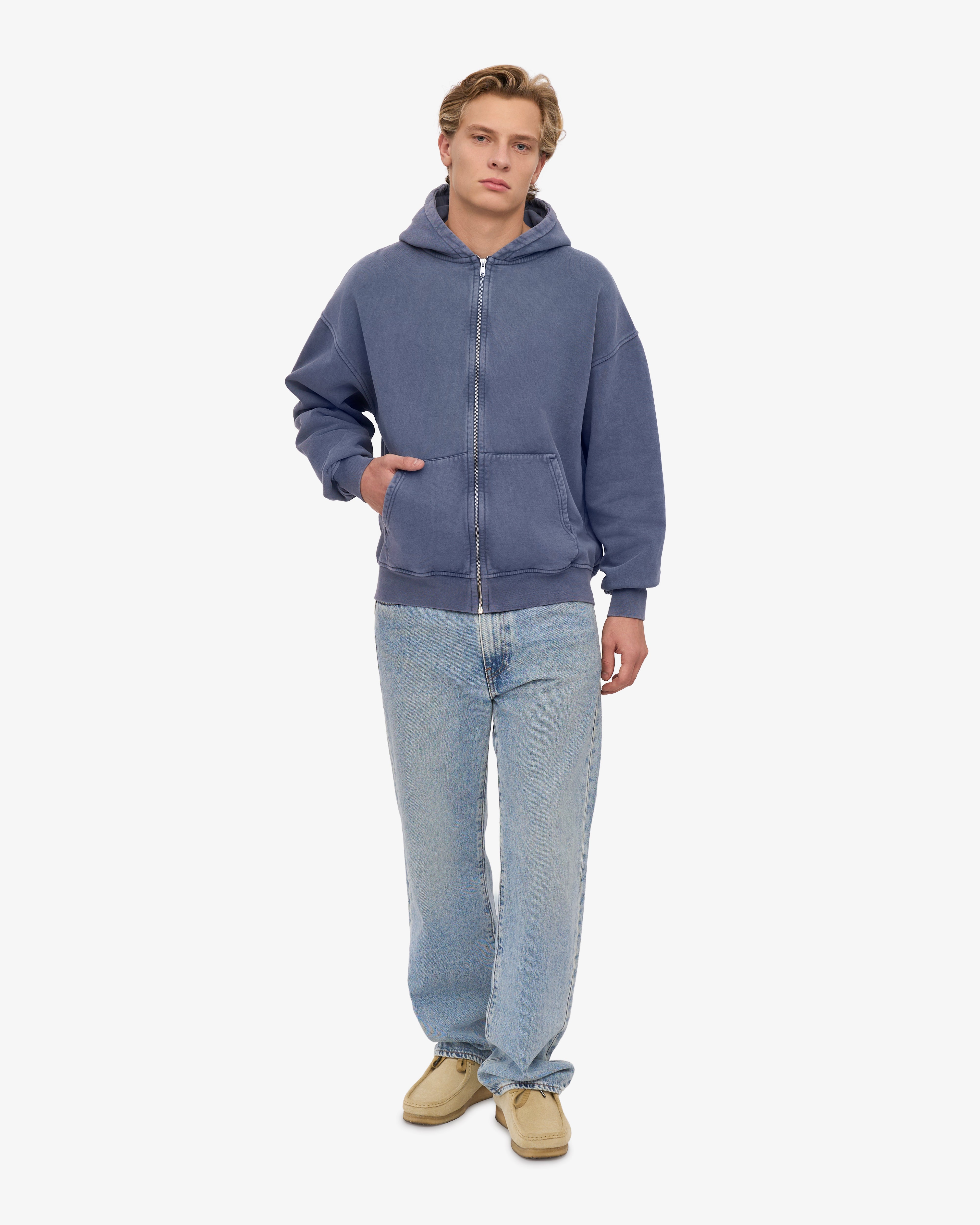 Organic Oversized Zip Hoodie for Men & Women - Soft Fleece Lined, Comfortable & Warm - Neptune Blue - Perfect for Casual Wear, Gym, and Outdoor Activities