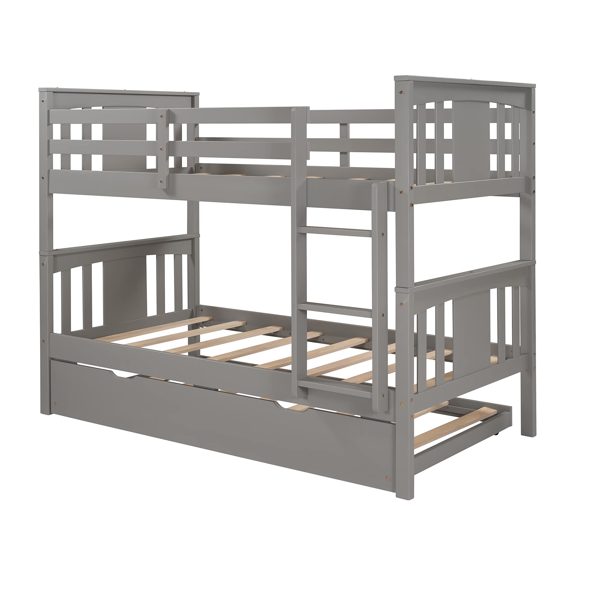 **Twin Over Twin Bunk Bed with Trundle for Kids - Solid Wood Bunk Bed Frame with Headboard, Footboard & Ladder - No Box Spring Needed - Space-Saving Bedroom & Guest Room Furniture (Gray) - Perfect for Small Rooms, Sleepovers & Shared Kids' Bedrooms**